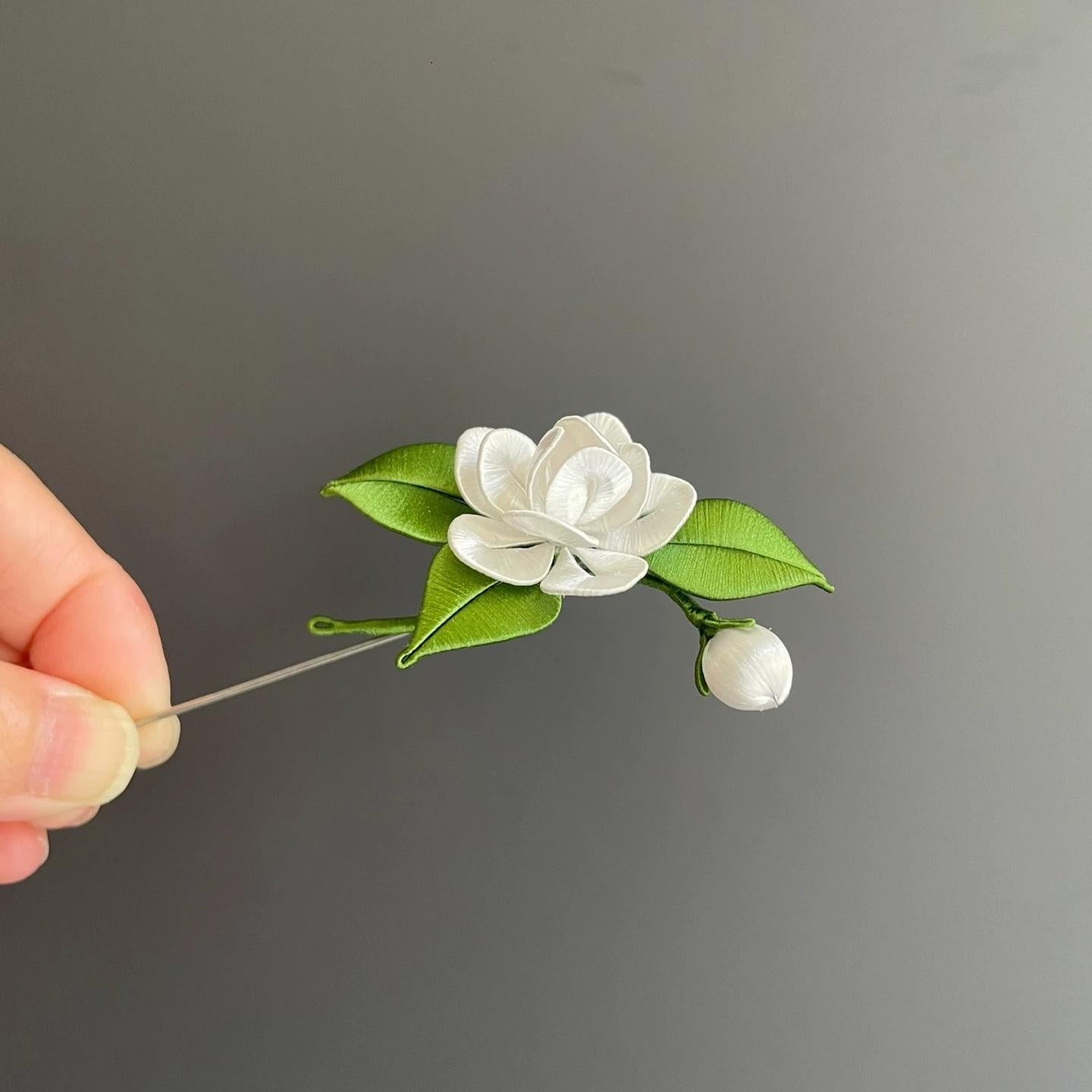 Handmade Silk Jasmine Brooch - Elegant Floral Pin for Women, Perfect for Weddings, Parties & Special Occasions