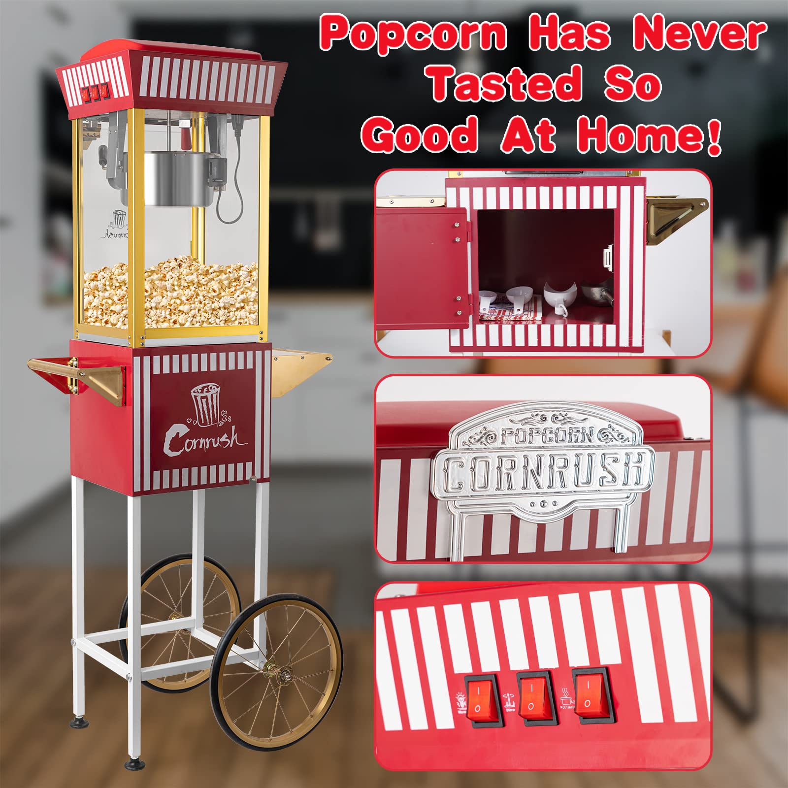 Professional Retro Popcorn Maker Machine - 8oz Nonstick Kettle, Home Theater Snack Popper for Movie Nights, Parties & Gifts (Classic Red)