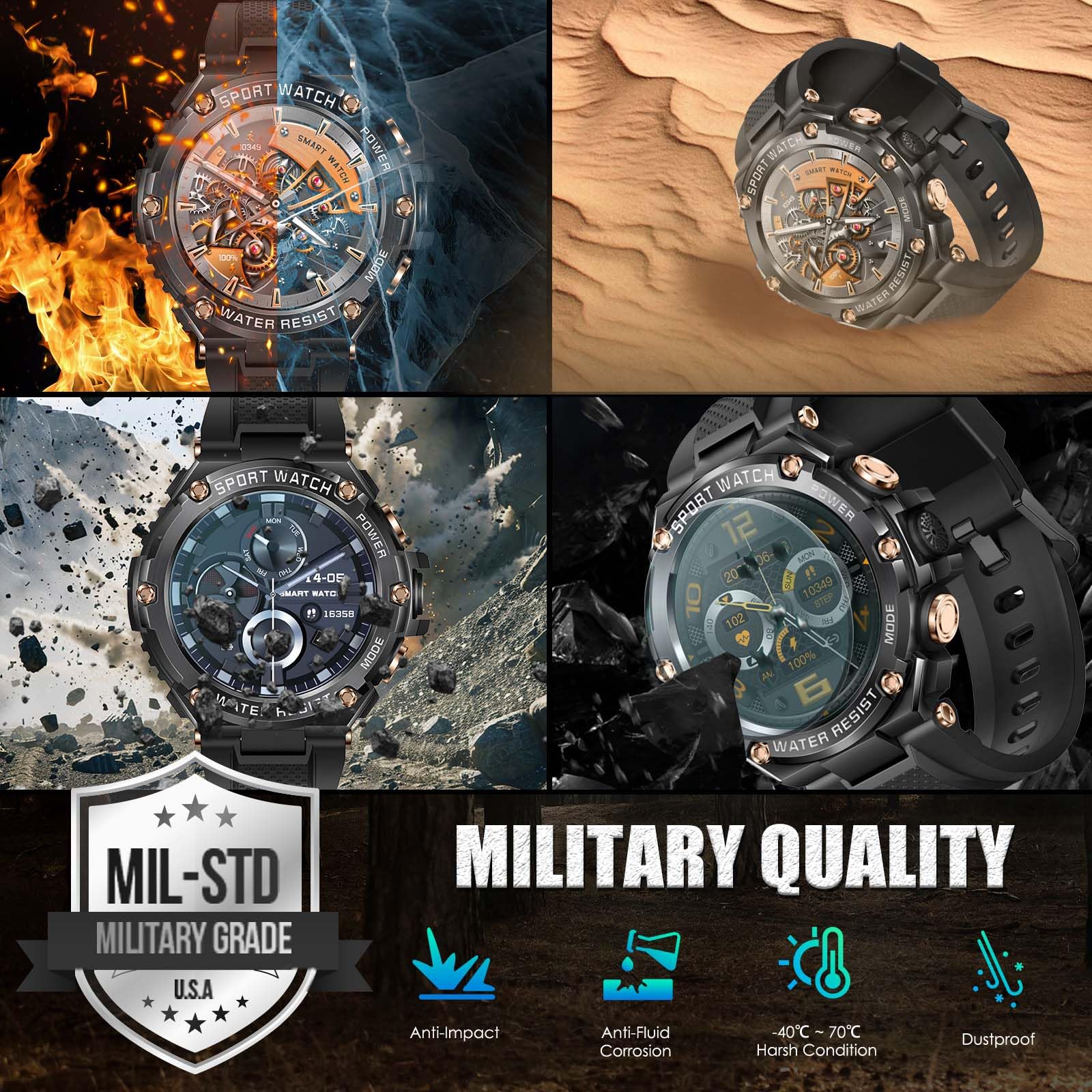 Military Tactical Smartwatch for Men - 800mAh Long Battery Life, Bluetooth Call Notifications, 1.5