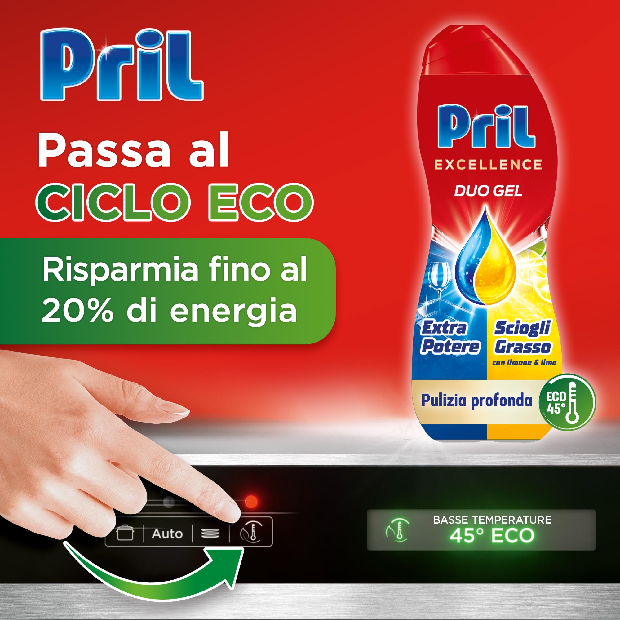 Pril Excellence Duo Gel Dishwasher Detergent - Powerful Grease Removal with Lemon - 45 Wash Single Pack - Ideal for Sparkling Clean Dishes in Homes & Restaurants