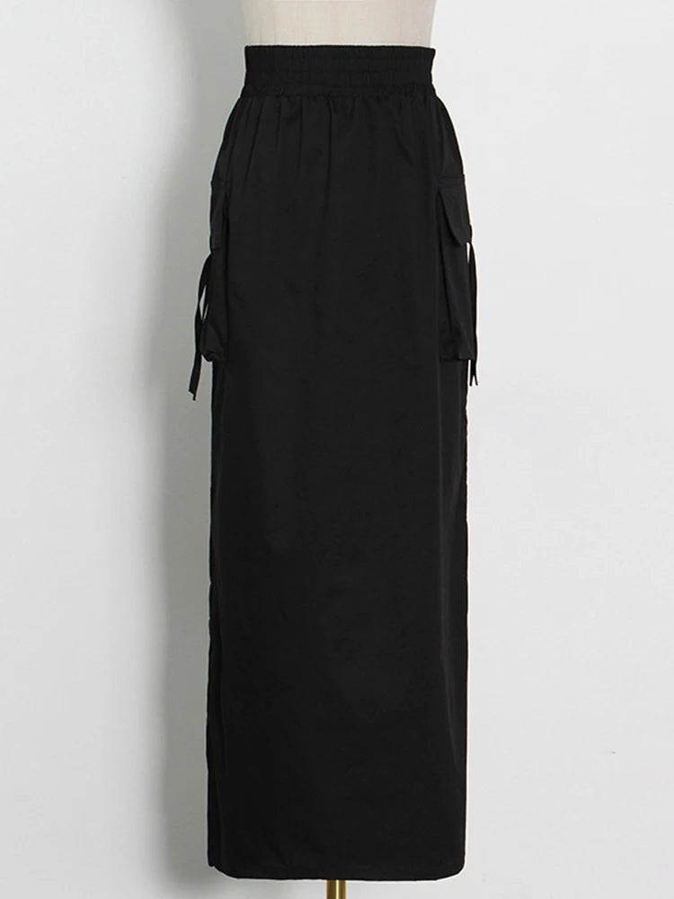 Women's Black Patchwork Pocket Skirt - High Waist Drawstring Midi Skirt for Casual Outfits | Spring Fashion Clothing | Perfect for Office Wear, Date Nights & Weekend Outings