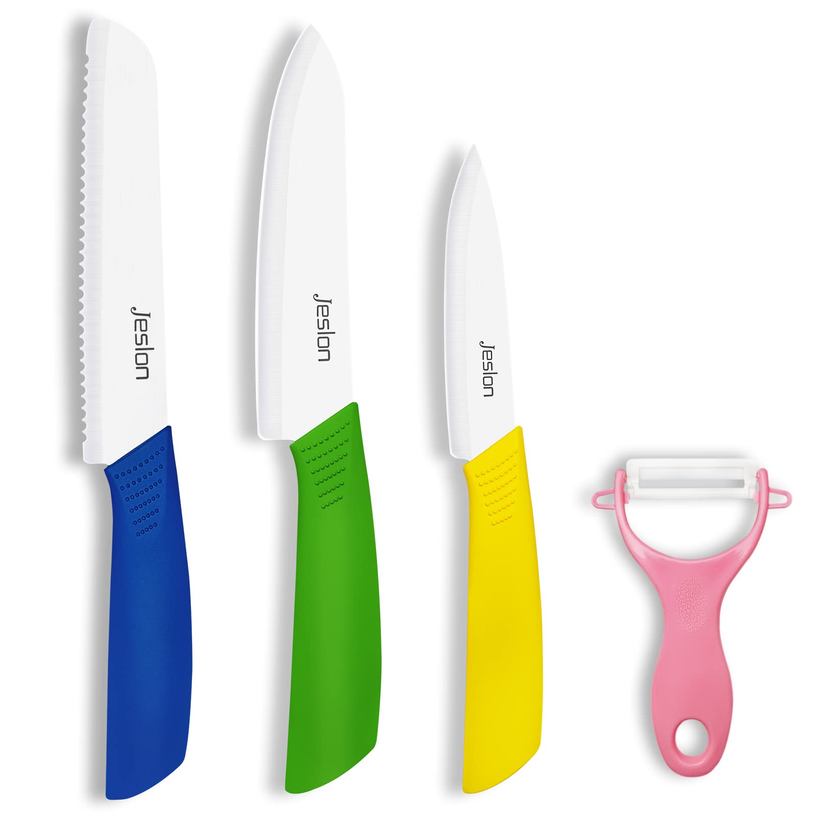Jeslon 4-Piece Ceramic Knife Set - Ultra Sharp Rust-Free Kitchen Chef Knives with Ergonomic Handle & Peeler (Purple) - Perfect for Slicing Fruits, Vegetables & Meal Prep