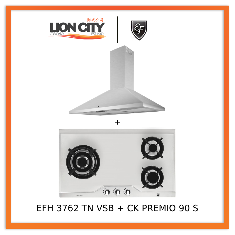 EF CK Premio 90 Stainless Steel Chimney Hood with EF EFH 3762 TN VSB 78cm Built-in Gas Hob - Modern Kitchen Ventilation & Cooking Solution for Home Chefs