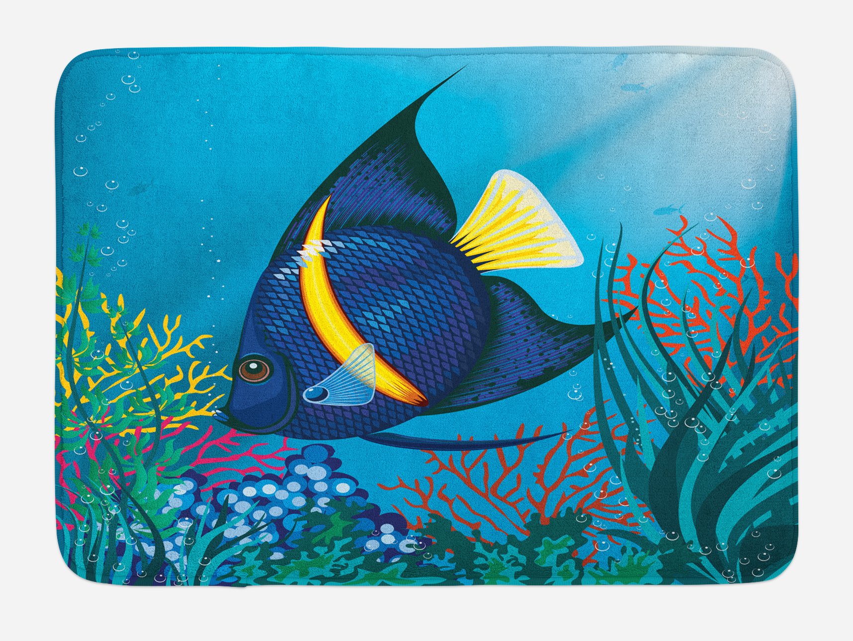 Luxury Plush Nautical Bath Mat with Non-Slip Backing - Tropical Fish Coral Reef Underwater Design, 30.2 x 20 Inches, Blue & Yellow - Perfect for Beach Themed Bathrooms & Coastal Home Decor