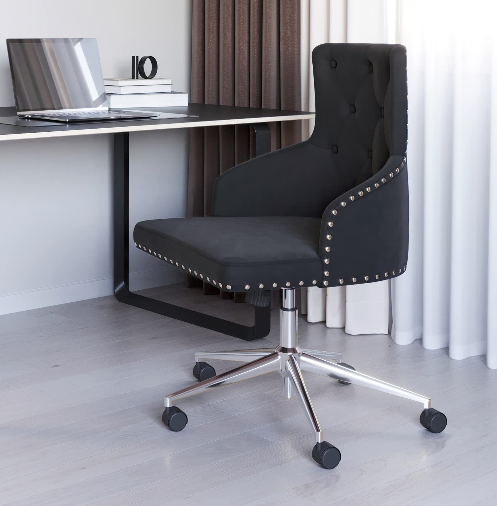 BELLEZE Modern Velvet Desk Chair - Adjustable Height Swivel Office Chair with Wheels & Tufted Upholstered Seat - Ergonomic Computer Chair for Home Office, Gaming, Bedroom Vanity (Black)