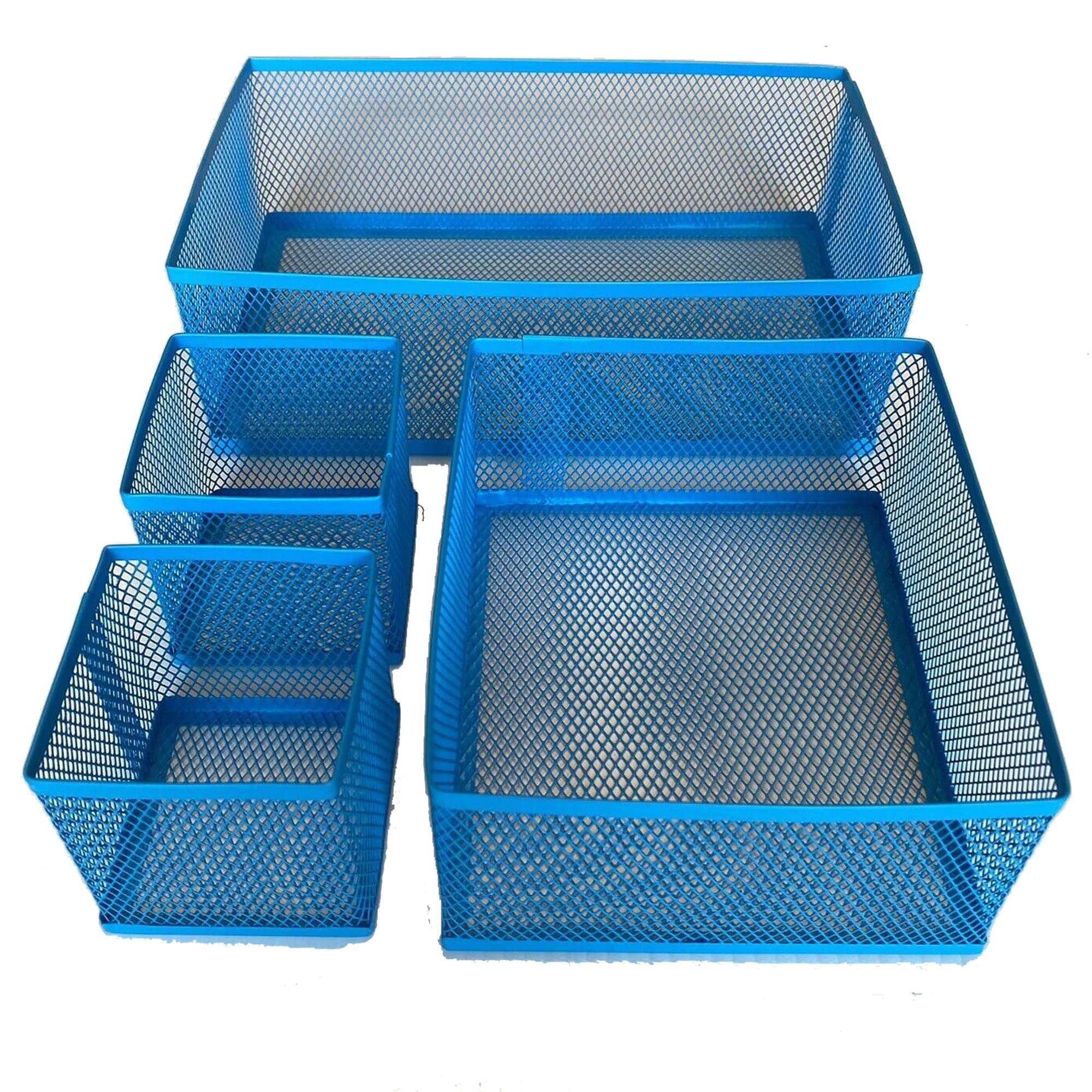 4-Piece Mesh Desk Organizer Set - Office, School & Home Storage Tray for Pens, Papers & Supplies (Blue) | Perfect for Workspace Organization & Study Desk Accessories