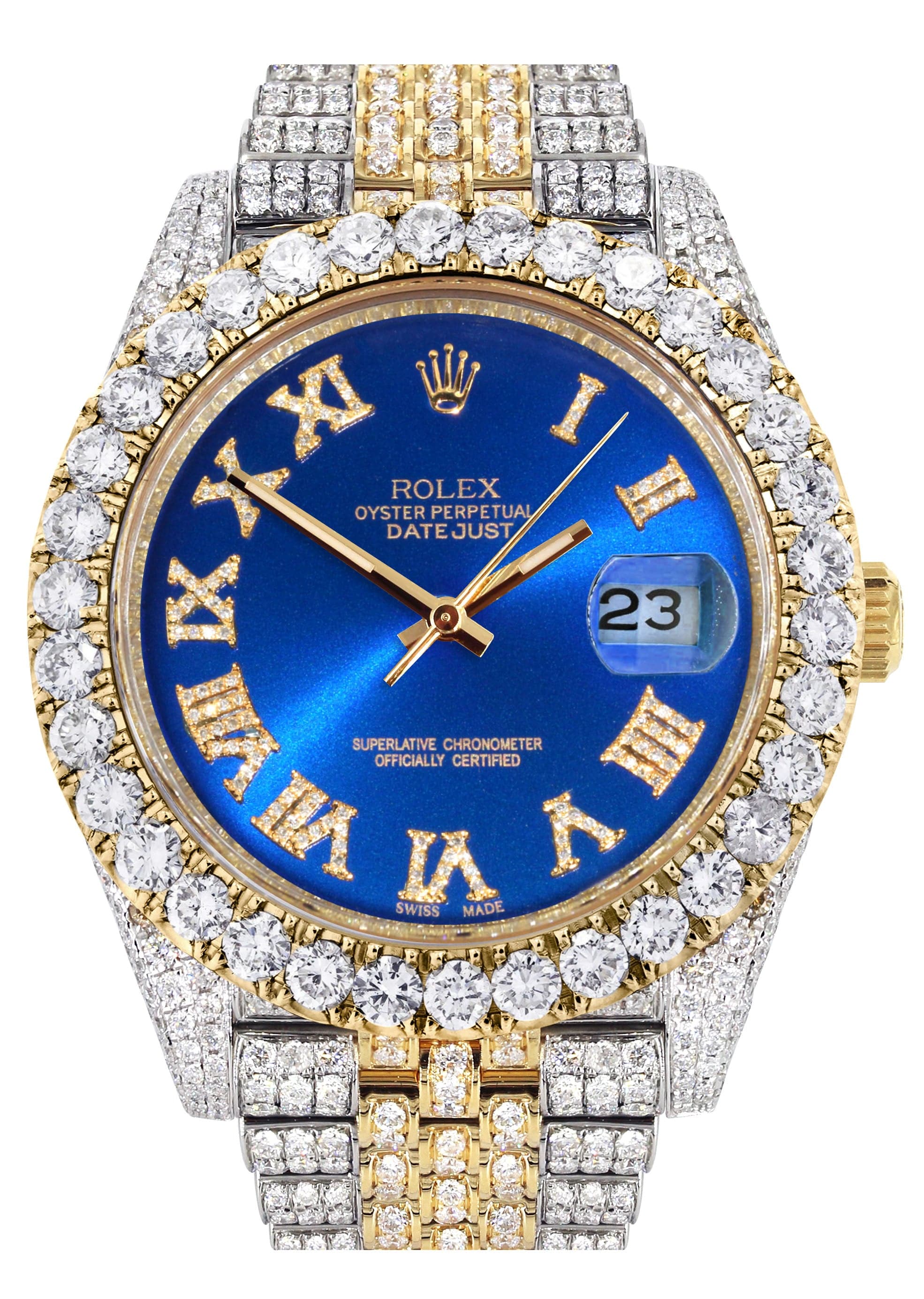 Luxury Diamond Iced Out Rolex Datejust 41 Watch - 25 Carats Genuine Diamonds | Custom Blue Roman Numeral Dial | Two-Tone Stainless Steel & Gold | Jubilee Bracelet | Perfect for Special Occasions & Luxury Gifting