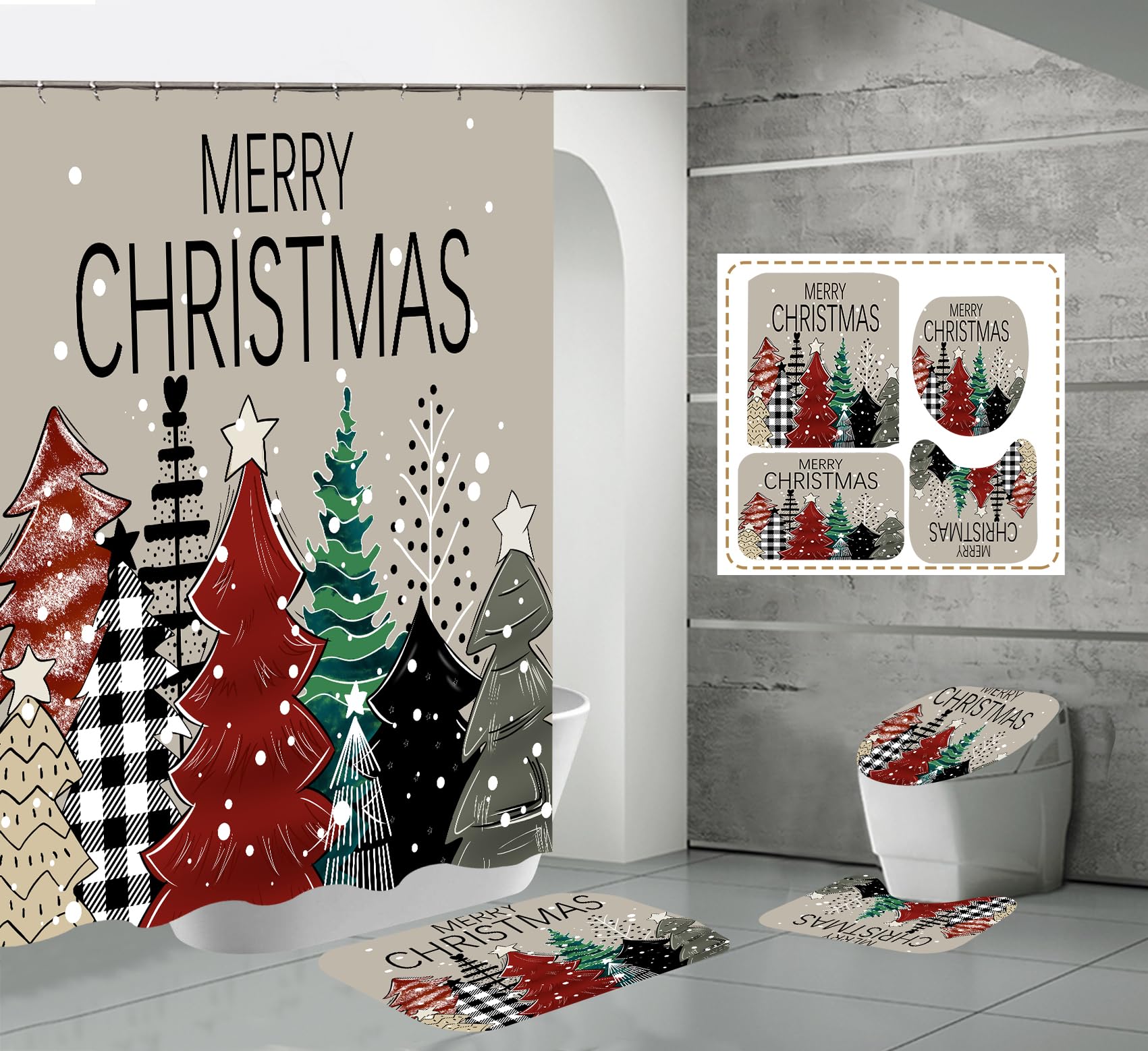 Waterproof Christmas Shower Curtain Set with Matching Bath Rugs - Holiday Xmas Tree & Snowflake Design Fabric Bathroom Decor for Festive Season | Perfect for Holiday Home Decor, Guest Bathrooms & Christmas Party Preparations