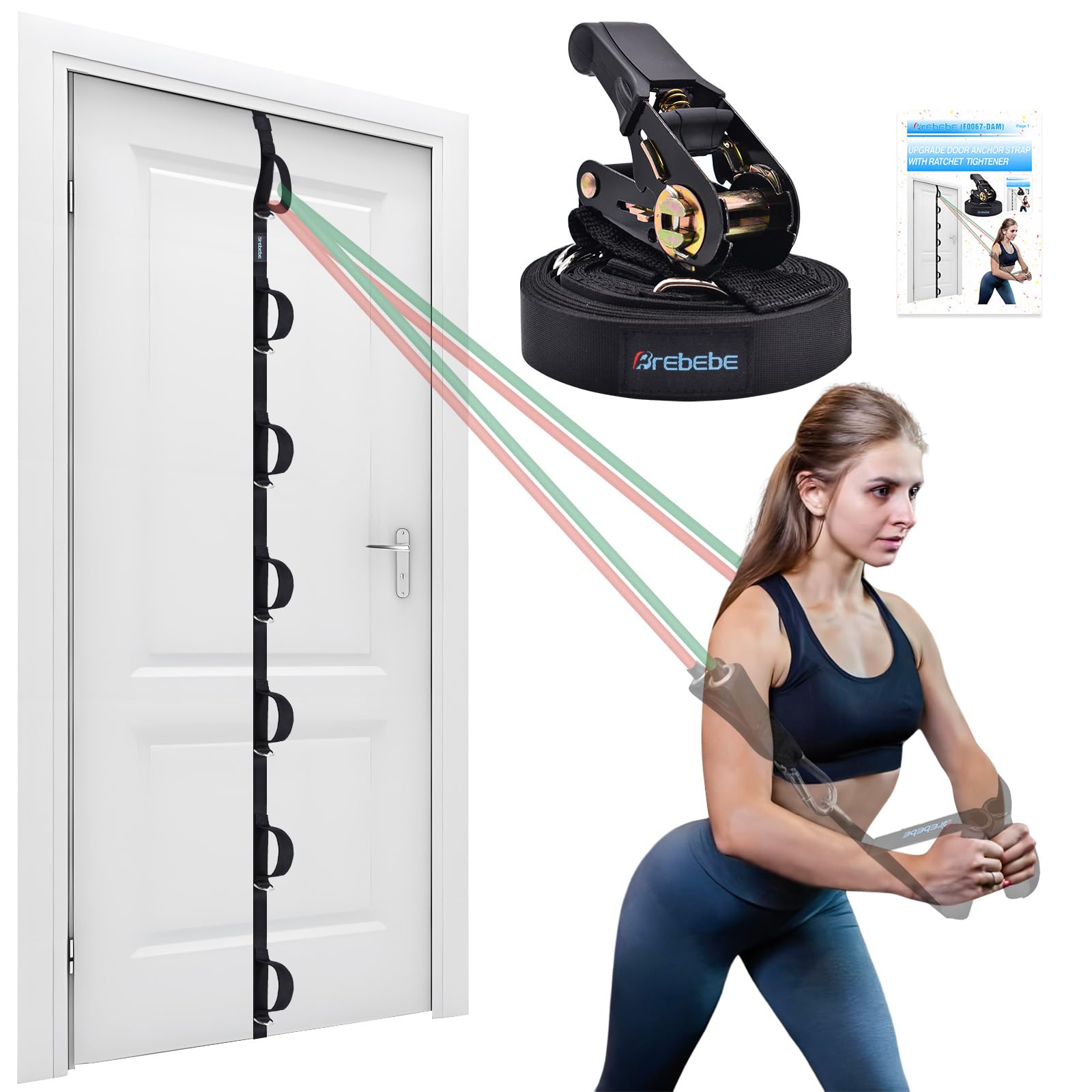 Upgraded Brebebe Resistance Band Door Anchor - 7 Loops & D Rings for Home Gym Workouts, Adjustable Ratchet Strap for Secure Fit - Perfect for Strength Training, Yoga, and Physical Therapy Exercises at Home
