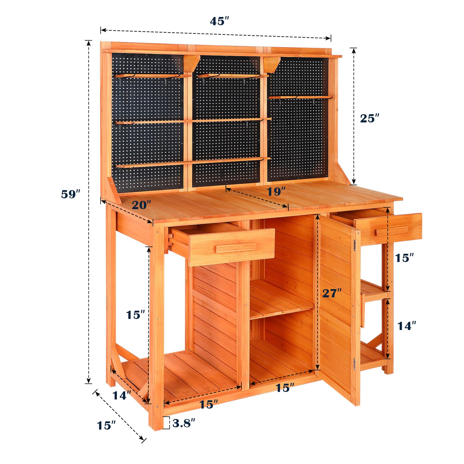 **Outdoor Potting Bench with Storage - 45x49x14 Inch Wooden Garden Work Table with Adjustable Shelf, Drawer & Hooks - Perfect for Backyard, Patio & Gardening Projects**    *Optimized for Google SEO with clear product features, dimensions, and usage scenarios.*