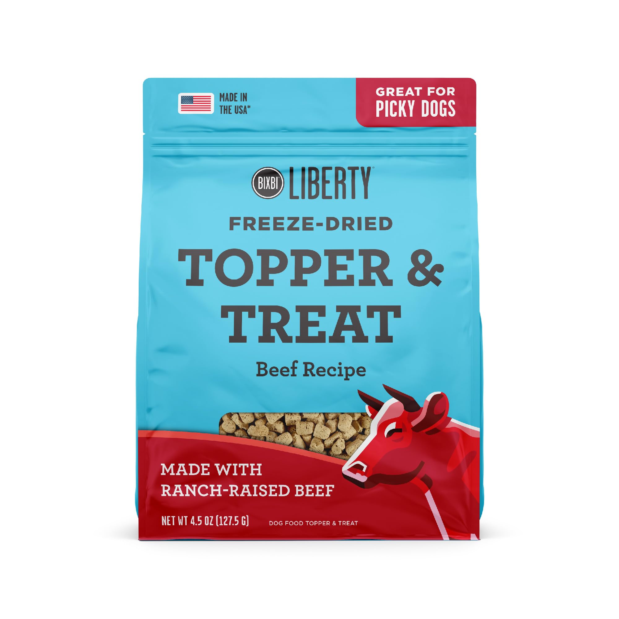 BIXBI Liberty Freeze Dried Dog Food Topper & Treats - High Protein Beef Recipe (4.5 oz) | 98% Meat & Organs | Grain-Free, No Fillers | Raw Dog Food Supplement | Made in USA | Perfect for Training, Mealtime Topping & Travel Snacks