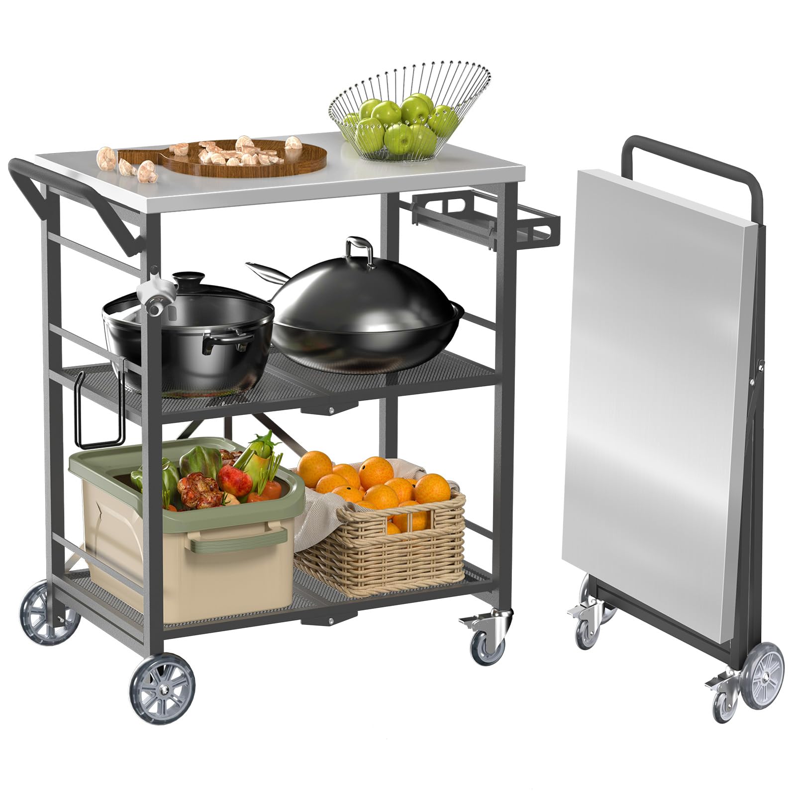 **Stainless Steel Folding Grill Cart with 3 Shelves & Locking Wheels - Portable Outdoor Kitchen Island for Pizza Oven, BBQ, Home Party, Bar & Camping (Grey) - Perfect for Backyard, Patio & Tailgating**