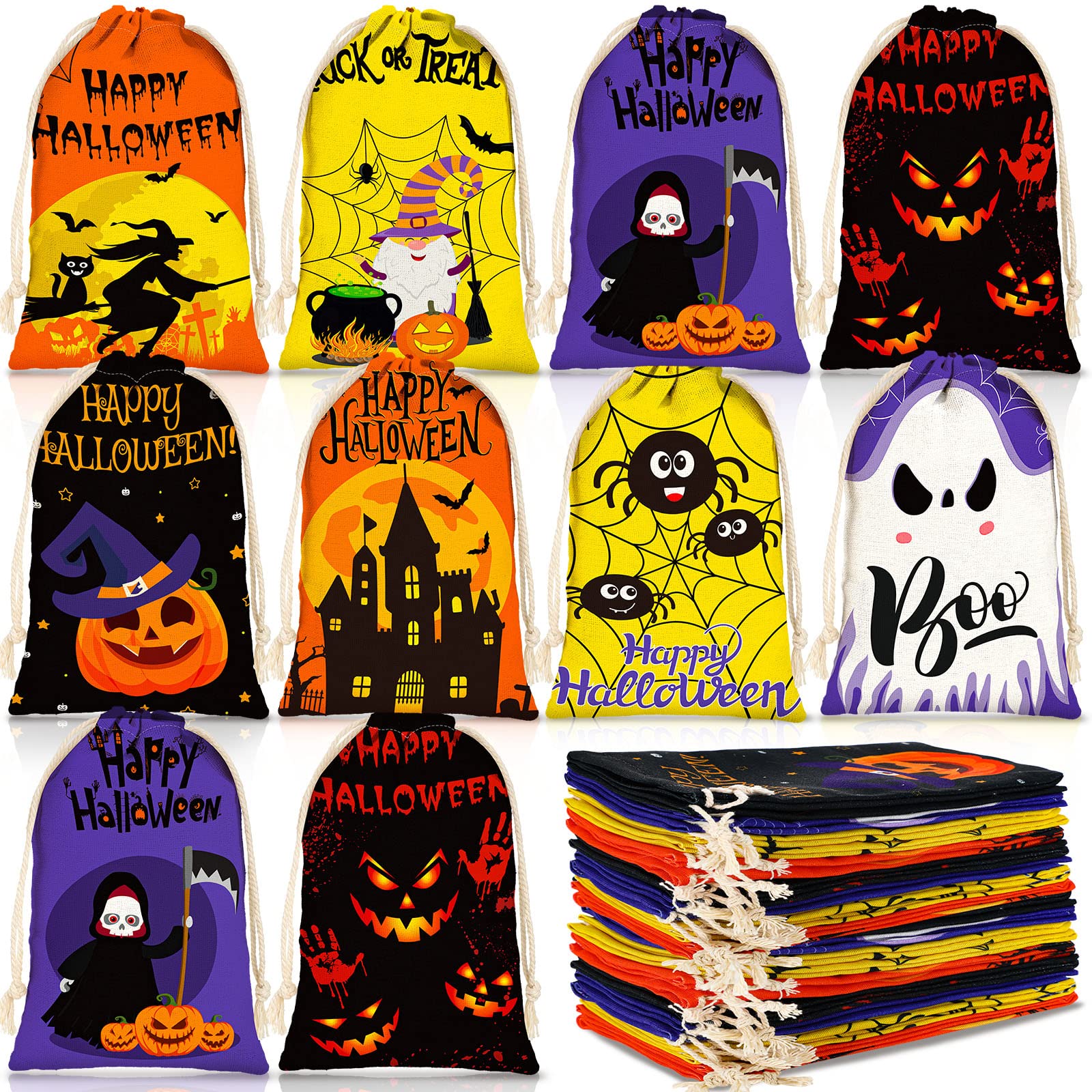 24-Piece Halloween Drawstring Gift Bags 4x6 Inches - 8 Styles Halloween Party Favors, Trick or Treat Bags for Kids - Perfect for Classroom Treats, Halloween Party Supplies & Goodie Bags