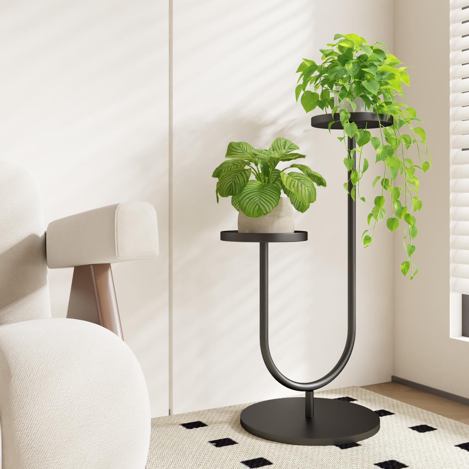Modern Tall Indoor Plant Stand - Corner Plant Holder for Potted Plants, 2-Tier Black Planter Display Shelf for Living Room Decor | Perfect for Home, Office & Balcony Plant Decorations