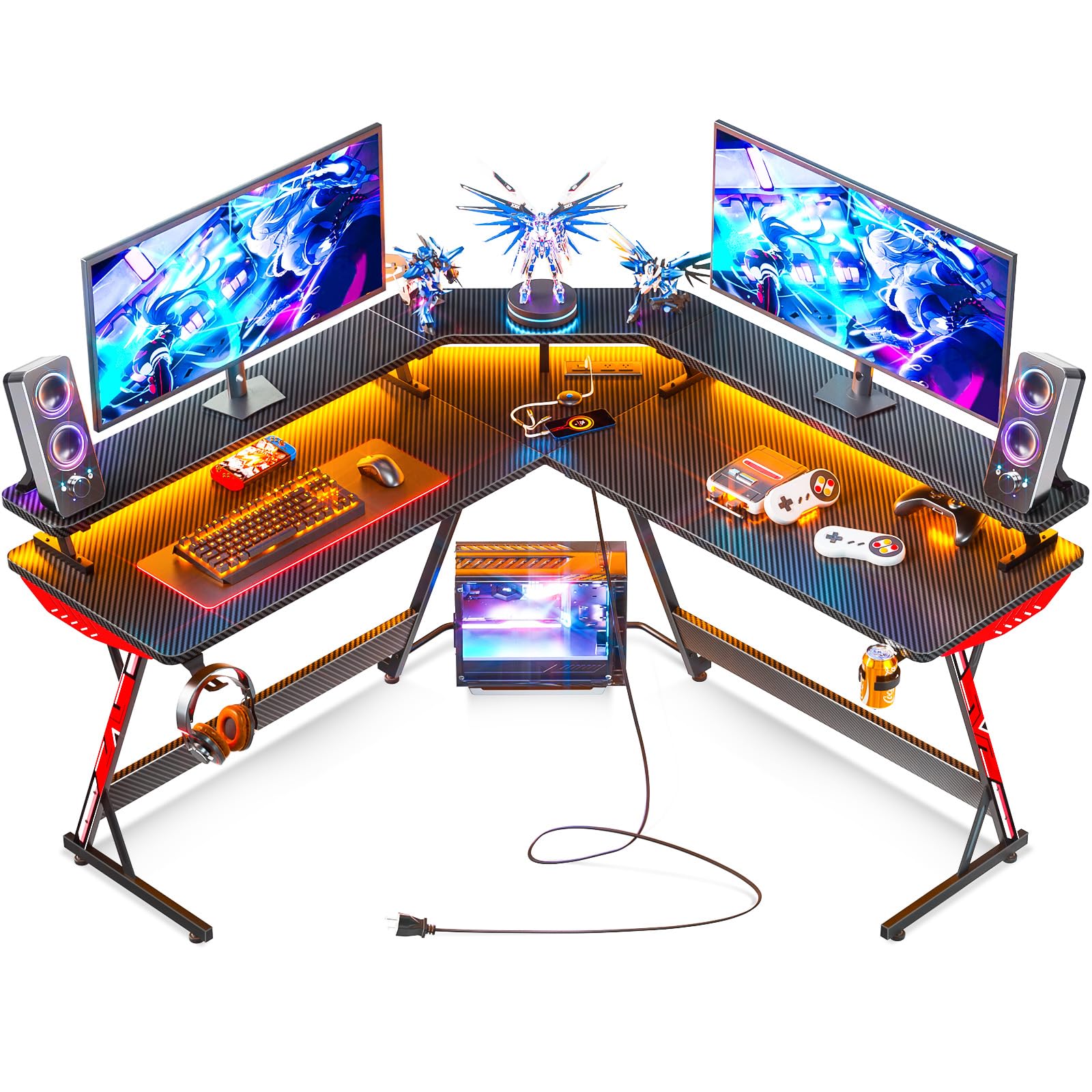 Premium L-Shaped Gaming Desk with LED Lights & Power Outlet - Carbon Fiber Computer Desk with Monitor Stand, Cup Holder & Hooks - Ergonomic Corner Desk for PC Gaming, Streaming & Home Office Setup (Black)