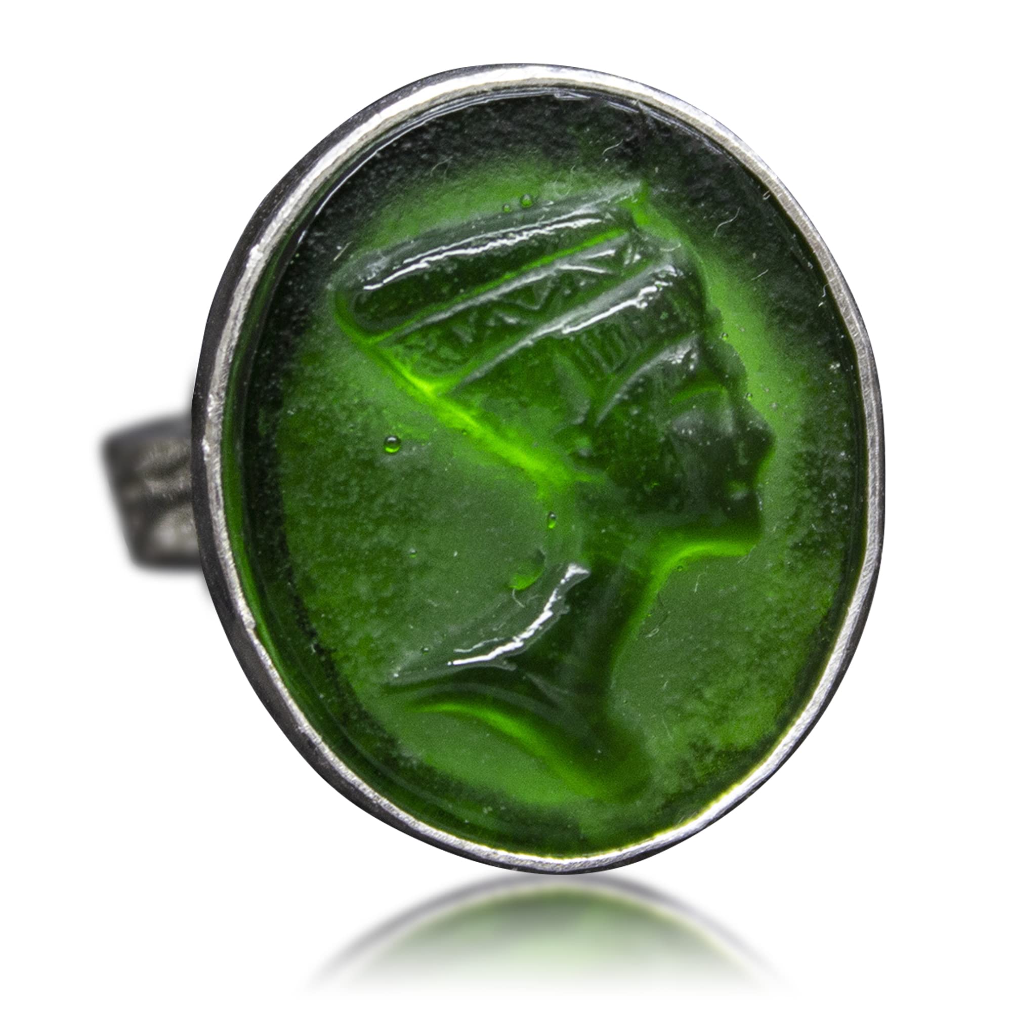 925 Sterling Silver Nefertiti Intaglio Green Glass Ring - Egyptian Queen Carved Vintage Jewelry for Women | Handmade Artisan Ring for Special Occasions, Date Nights & Historical Fashion Lovers
