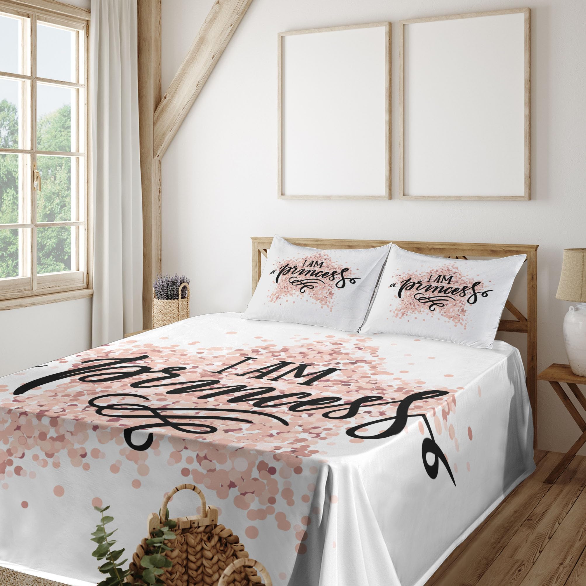 Ambesonne 4-Piece King Size Cartoon Sheet Set - Modern Calligraphic Words on Dotted Background, Hand Lettering Design, Fitted & Flat Sheets with Pillowcases, White Black Blush Bedding | Perfect for Kids' Rooms, Guest Bedrooms & Modern Home Decor
