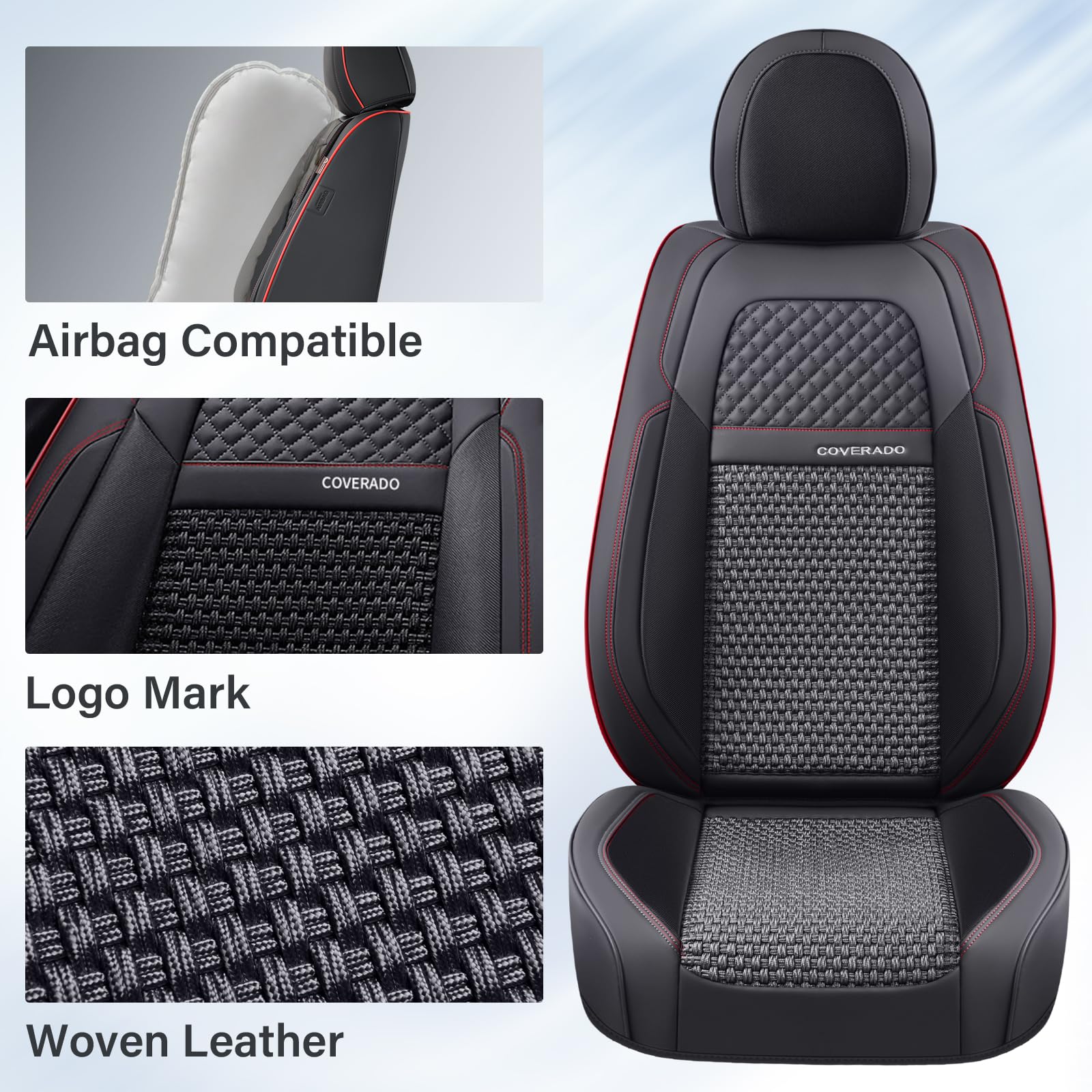 Premium Universal Car Seat Covers Full Set (5-Piece) - Breathable Leather-Woven Design for Front & Back Seats | Perfect Fit for Most Vehicles in Black & Red | Ideal for Daily Commuting, Road Trips & Family Protection