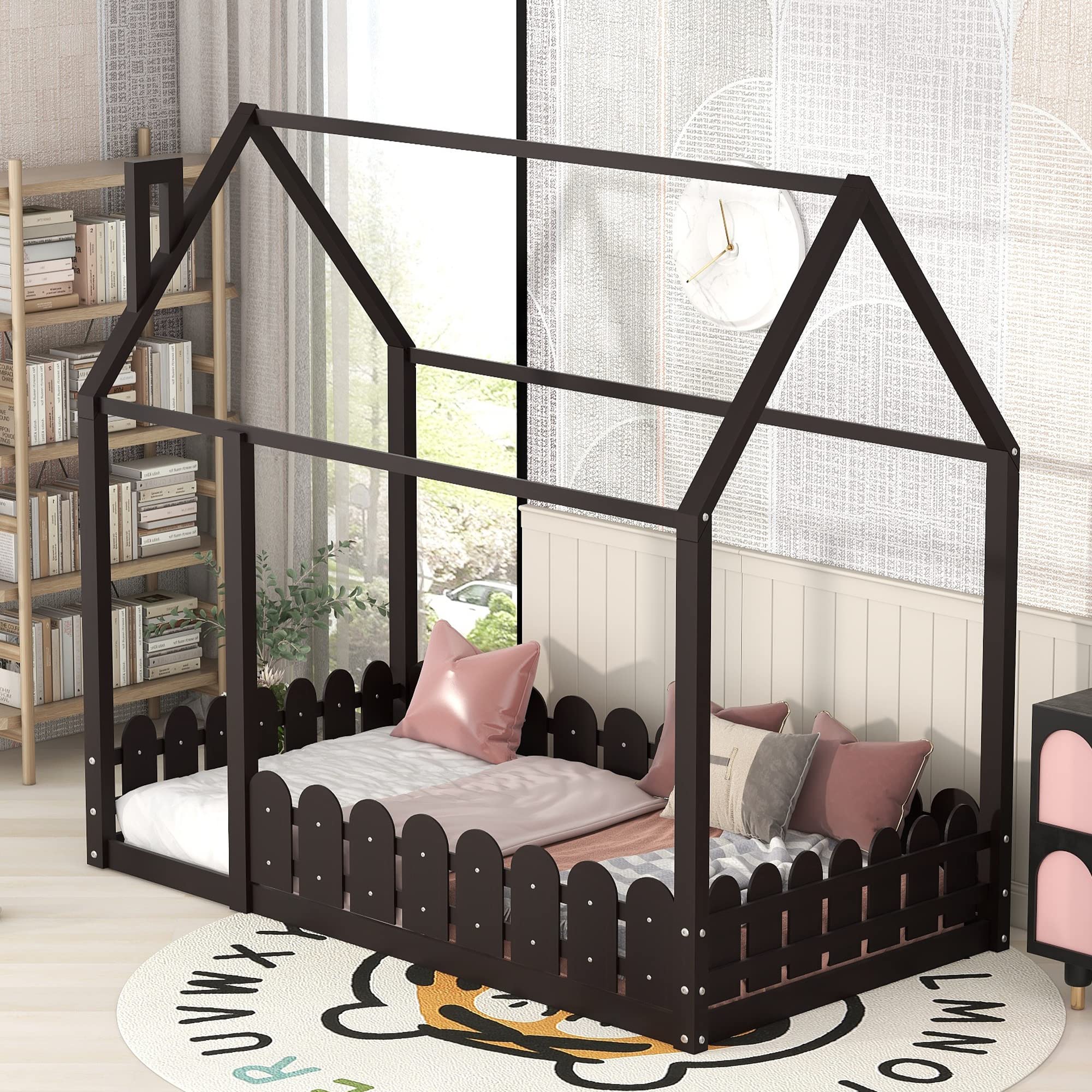 **Harper & Bright Designs Twin House Bed Frame with Roof & Fence - Espresso Wood Floor Bed for Toddlers, Kids & Teens - No Box Spring Needed - Perfect for Bedrooms, Playrooms & Montessori Spaces**