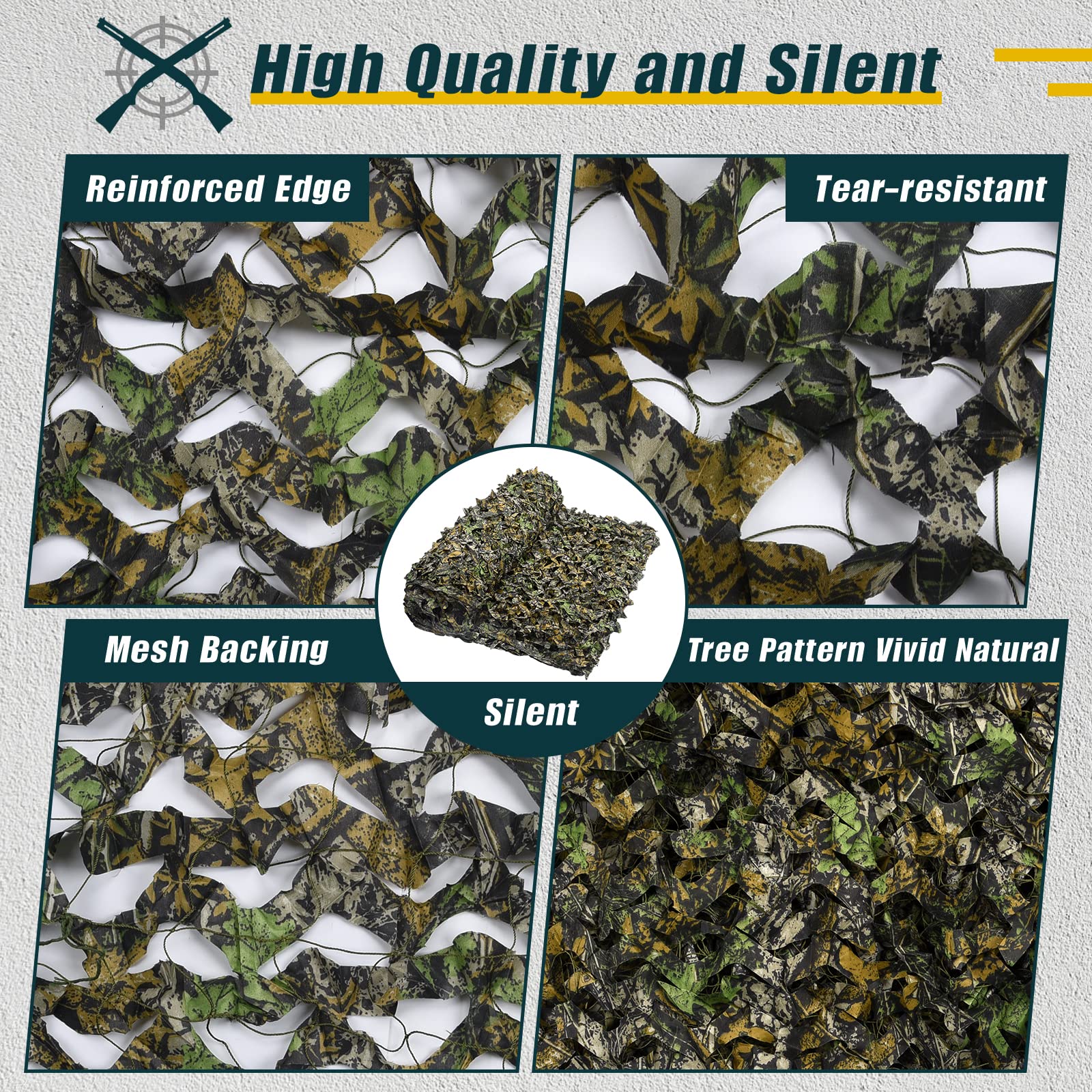 iunio Camouflage Netting - Military Grade Silent Camo Net, Large Bulk Roll Mesh for Hunting Blind Cover, Backdrop, Camo Themed Party, Sun Shade & Outdoor Camping | Durable Mesh Backing for Concealment & Protection