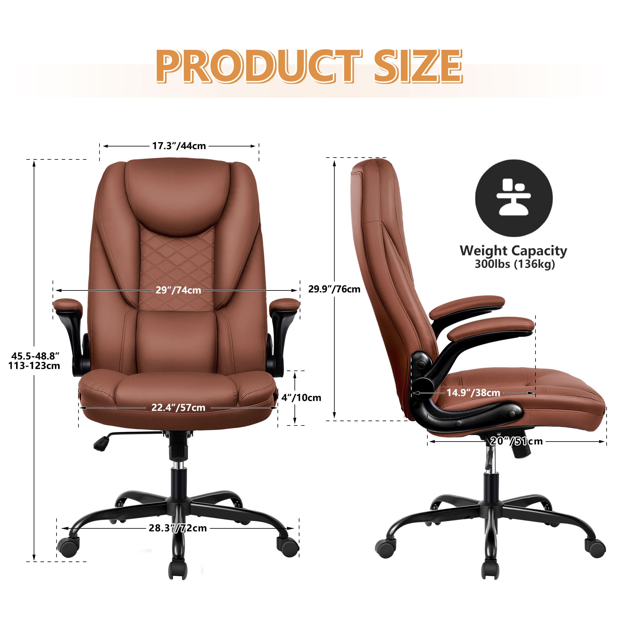 Premium Executive Office Chair - Big and Tall Leather Desk Chair with Flip-Up Arms, High Back & Lumbar Support (Brown) - Ergonomic Comfort for Long Work Hours, Home Office & Conference Rooms