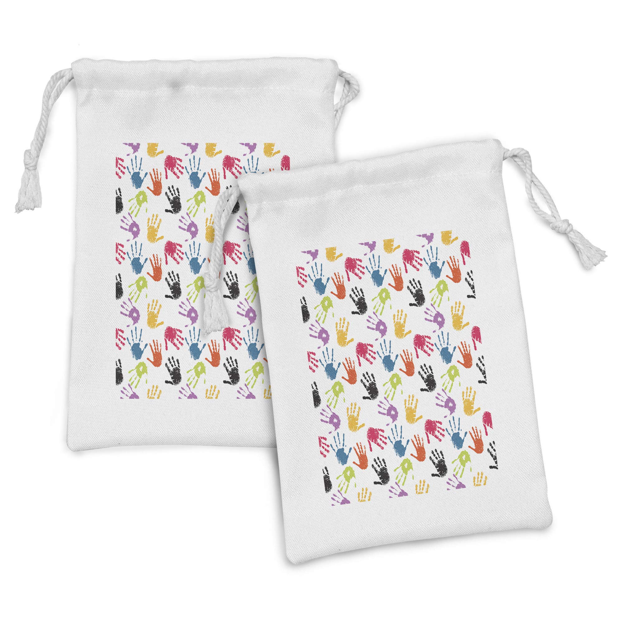 Ambesonne Cartoon Fabric Pouch Set of 2 - Colorful Teamwork Painting Print Drawstring Bags (9