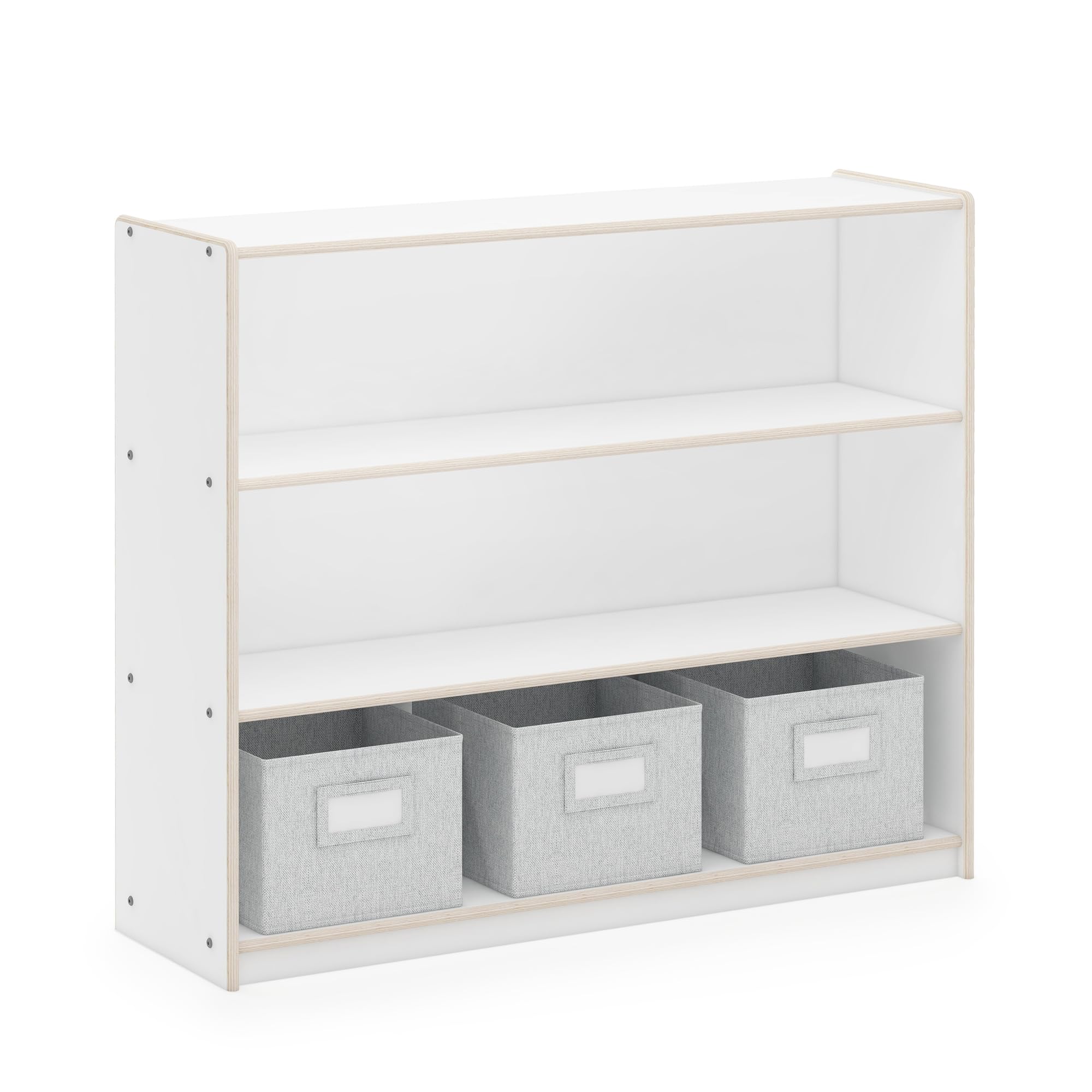 Guidecraft EdQ 3-Shelf Open Storage Unit with Fabric Bins - White Wooden Bookshelf & Toy Organizer for Kids, Teachers | Classroom & Homeschool Furniture for Books, Toys, School Supplies | Perfect for Playrooms, Daycares & Learning Centers
