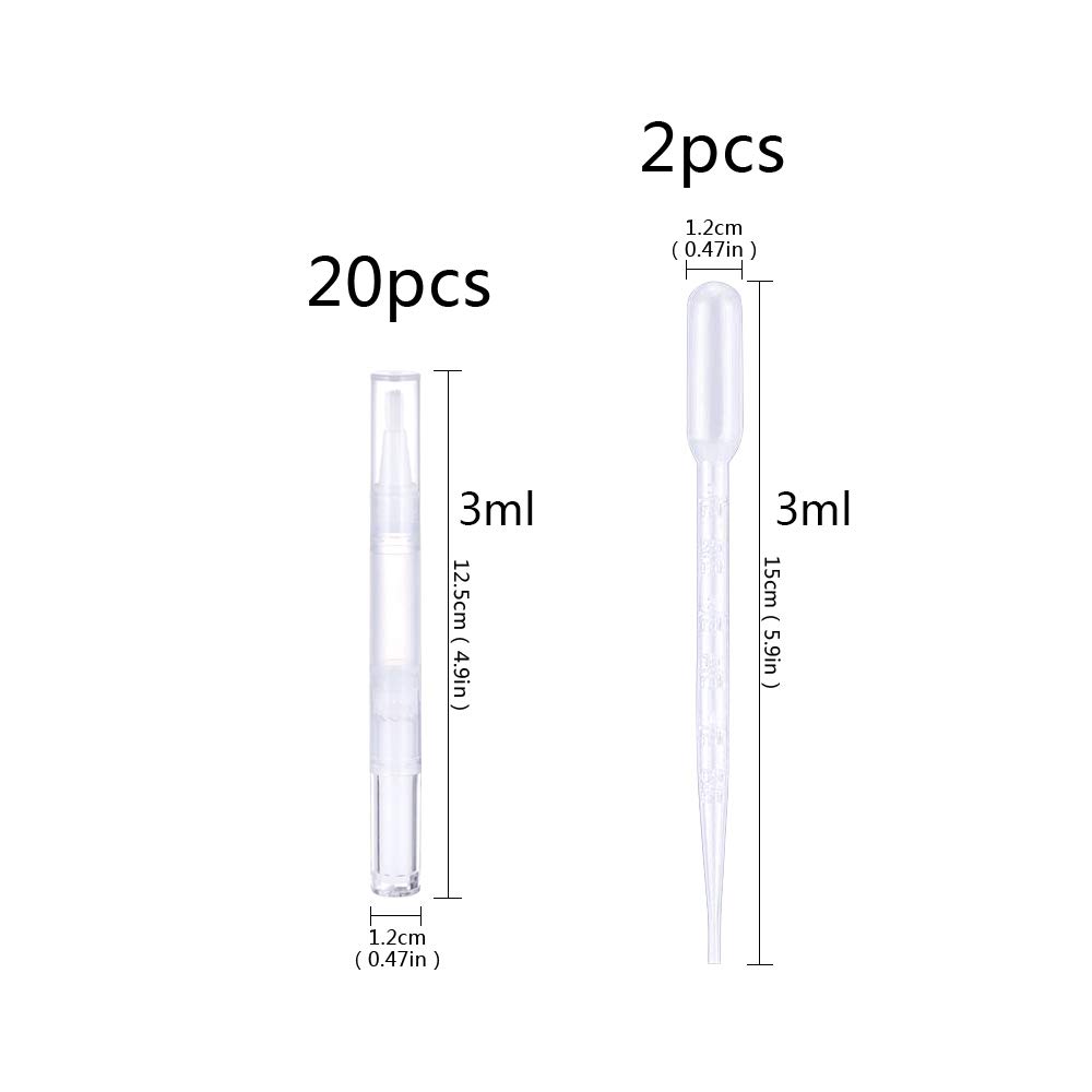 20Pcs 3ml Empty Transparent Twist Pens with Brush - Refillable Nail Oil & Cuticle Oil Pen Set - Includes 2 Transfer Pipettes for Lip Gloss, Teeth Whitening & DIY Cosmetics - Perfect for Salon, Home Manicure & Beauty Storage