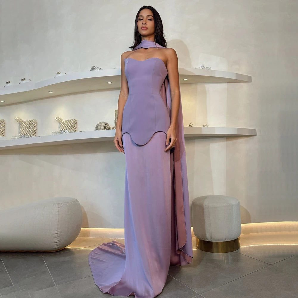 Elegant Dubai Arabic Purple Mermaid Satin Evening Gown with Long Cape - Formal Dress for Prom, Wedding & Special Occasions LA72813