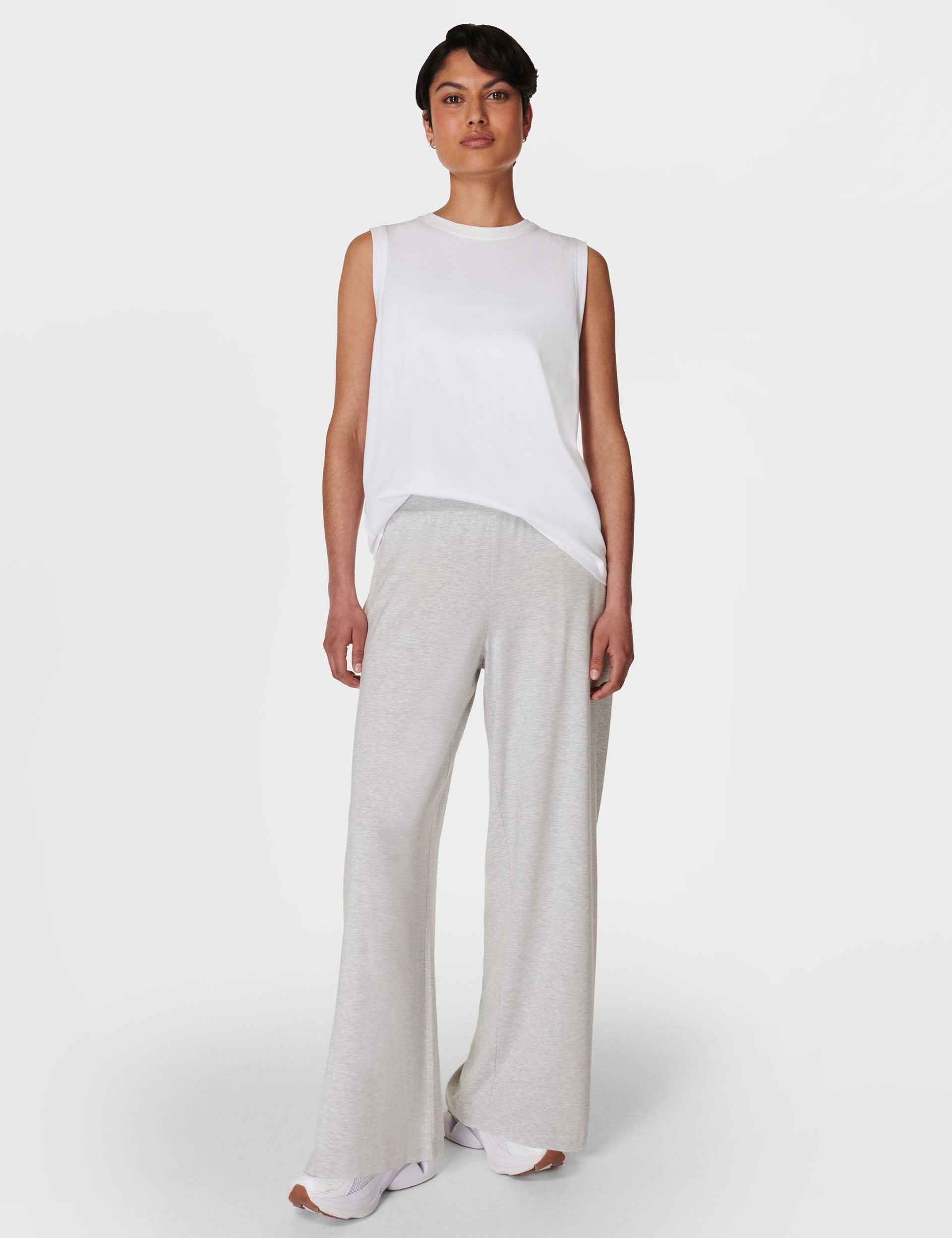 Modal Wide Leg Pants for Women - Light Grey Marl Soft Stretch Lounge Pants - Comfortable Casual Wear for Home, Office & Travel