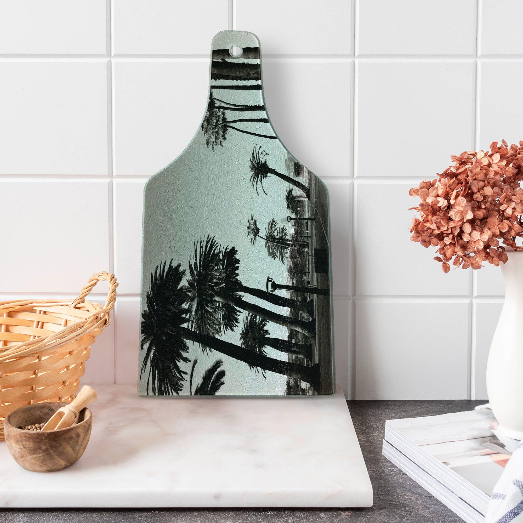 Ambesonne Tempered Glass Cutting Board - Wine Bottle Shape with Palm Tree & Los Angeles Downtown Park Design - Dark Brown & White - Perfect for Serving Cheese, Charcuterie & Wine Pairings at Parties & Gatherings