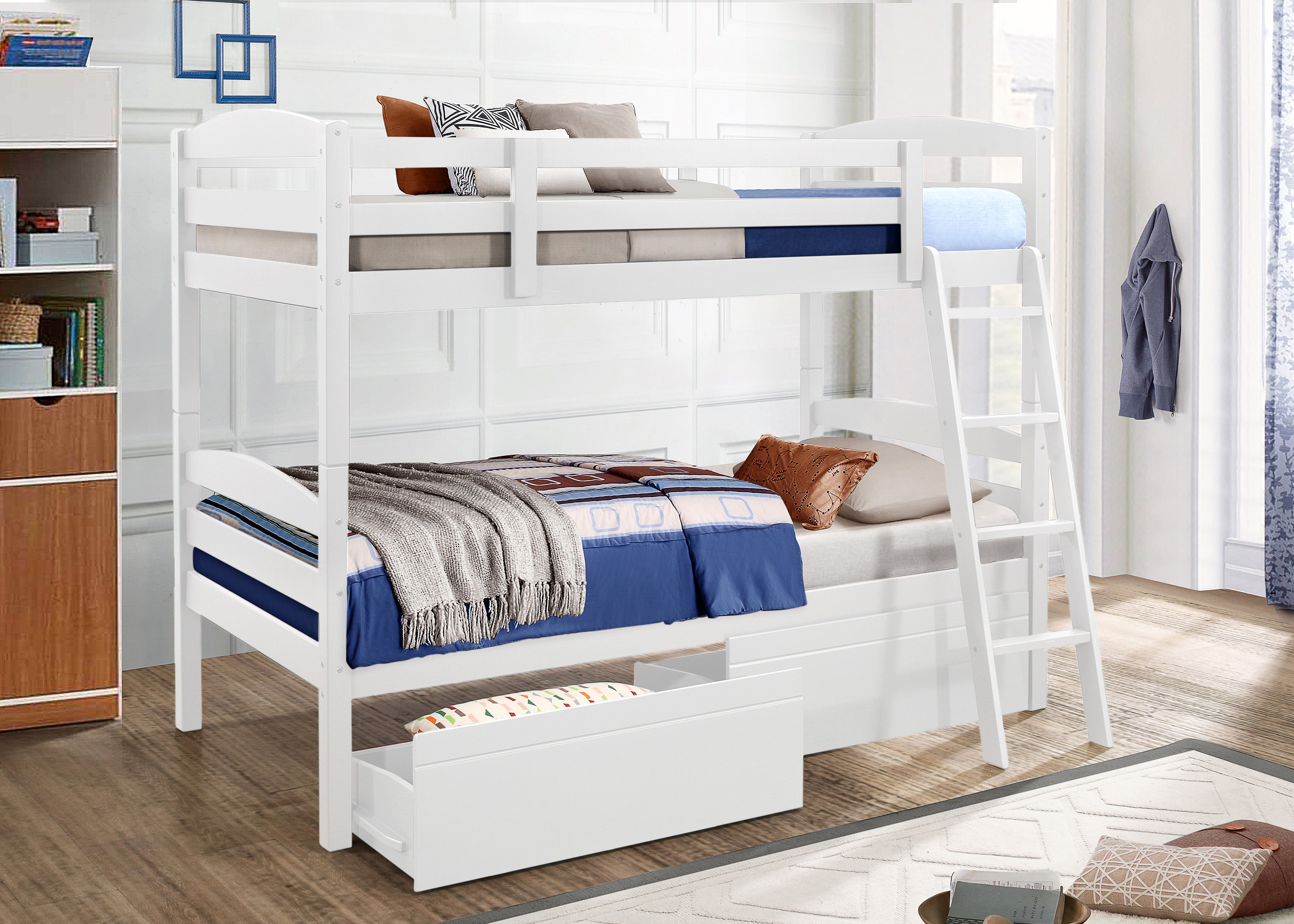 Charlie White Bunk Bed with Storage Drawers - Space-Saving Twin/Full Loft Bed for Kids & Teens - Perfect for Small Bedrooms, Dorms & Guest Rooms