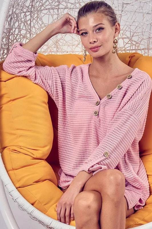 Bibi Popcorn Waffle Top with Buttoned Placket in Blush Pink - Women's Casual Blouse for Work, Date Night & Everyday Wear