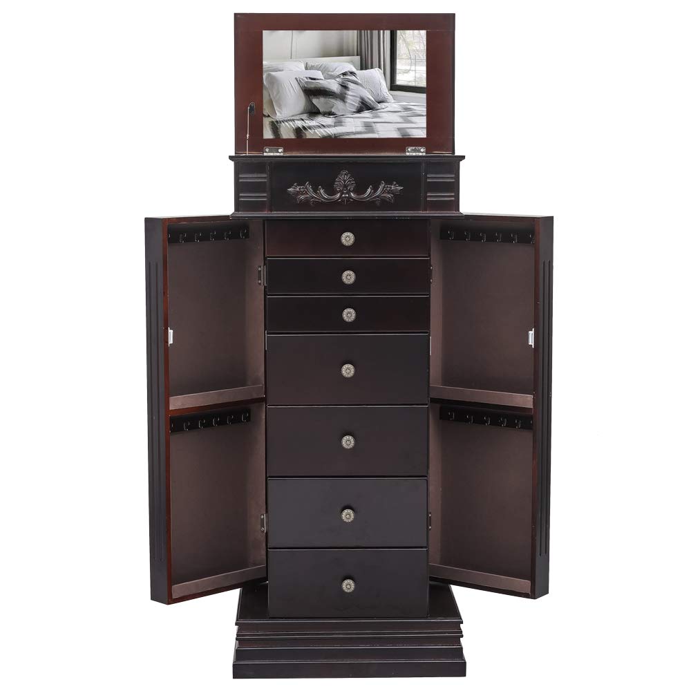 Henf Standing Jewelry Armoire Cabinet with Mirror - Large Jewelry Storage Chest with 8 Drawers, 2 Side Doors & 16 Necklace Hooks | Perfect for Bedroom, Closet & Dressing Room Organization