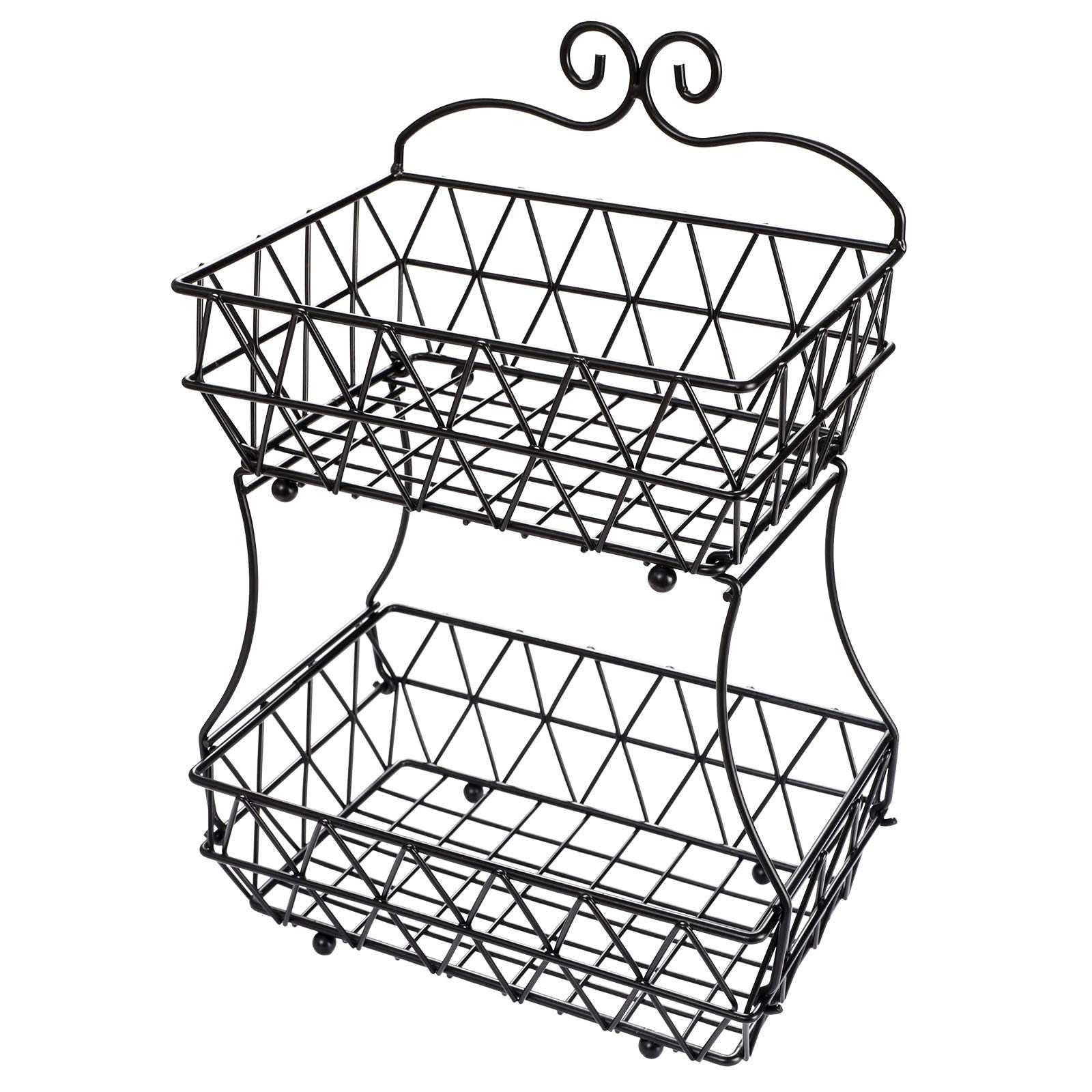 TQVAI 2 Tier Metal Fruit Basket - Kitchen Countertop Organizer for Fruits, Vegetables, Bread - Black Screw-Free Design | Perfect for Dining Table, Pantry & Countertop Storage