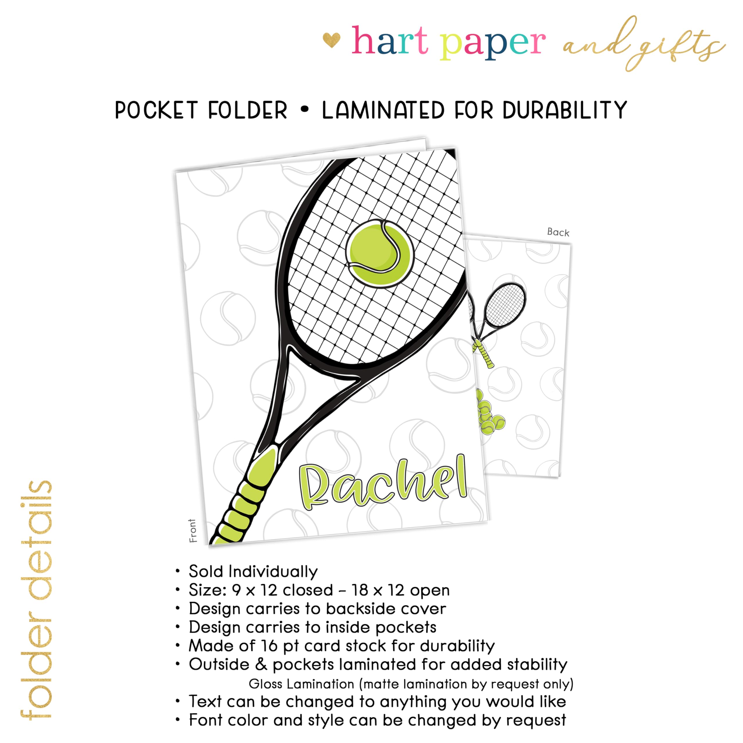 Custom Personalized Tennis Sports Team Pocket Folder - Back to School Supplies, Teacher Office Gift, Birthday Present for Girls & Kids | Perfect for School Organization, Team Sports Events & Gift-Giving Occasions