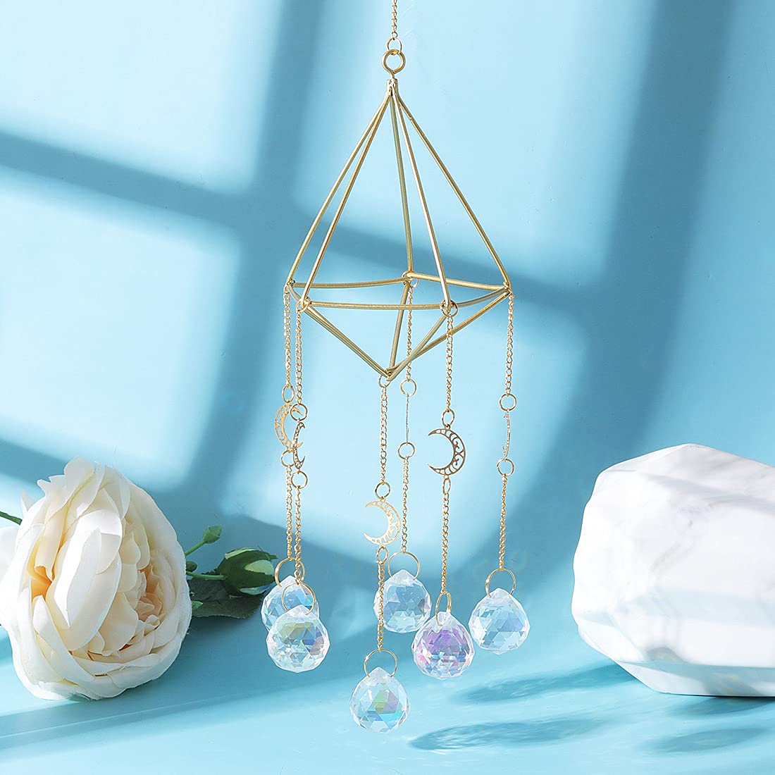 Gold Crystal Suncatcher - Rainbow Maker Window Decor with AB Coated Moon & Prism Balls | Light Catcher Hanging Ornament for Home, Garden, Wedding & Gift Giving
