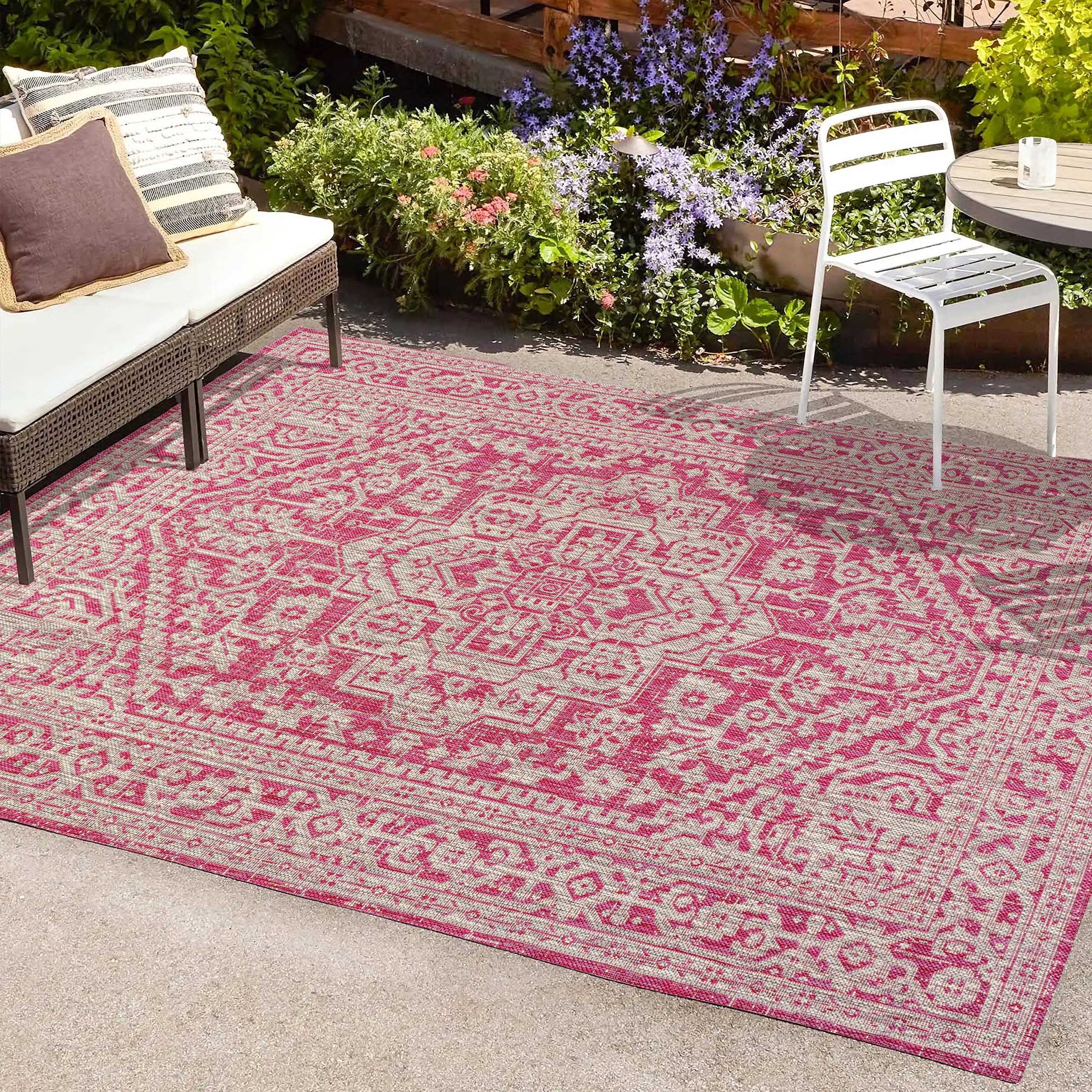 JONATHAN Y SMB101G-9 Sinjuri Medallion Textured Weave Indoor/Outdoor Area Rug - Bohemian Traditional Transitional Design, Easy-Cleaning Non-Shedding 9x12 Feet, Fuchsia & Light Gray - Perfect for Bedroom, Kitchen, Backyard, Patio & Living Room Decor