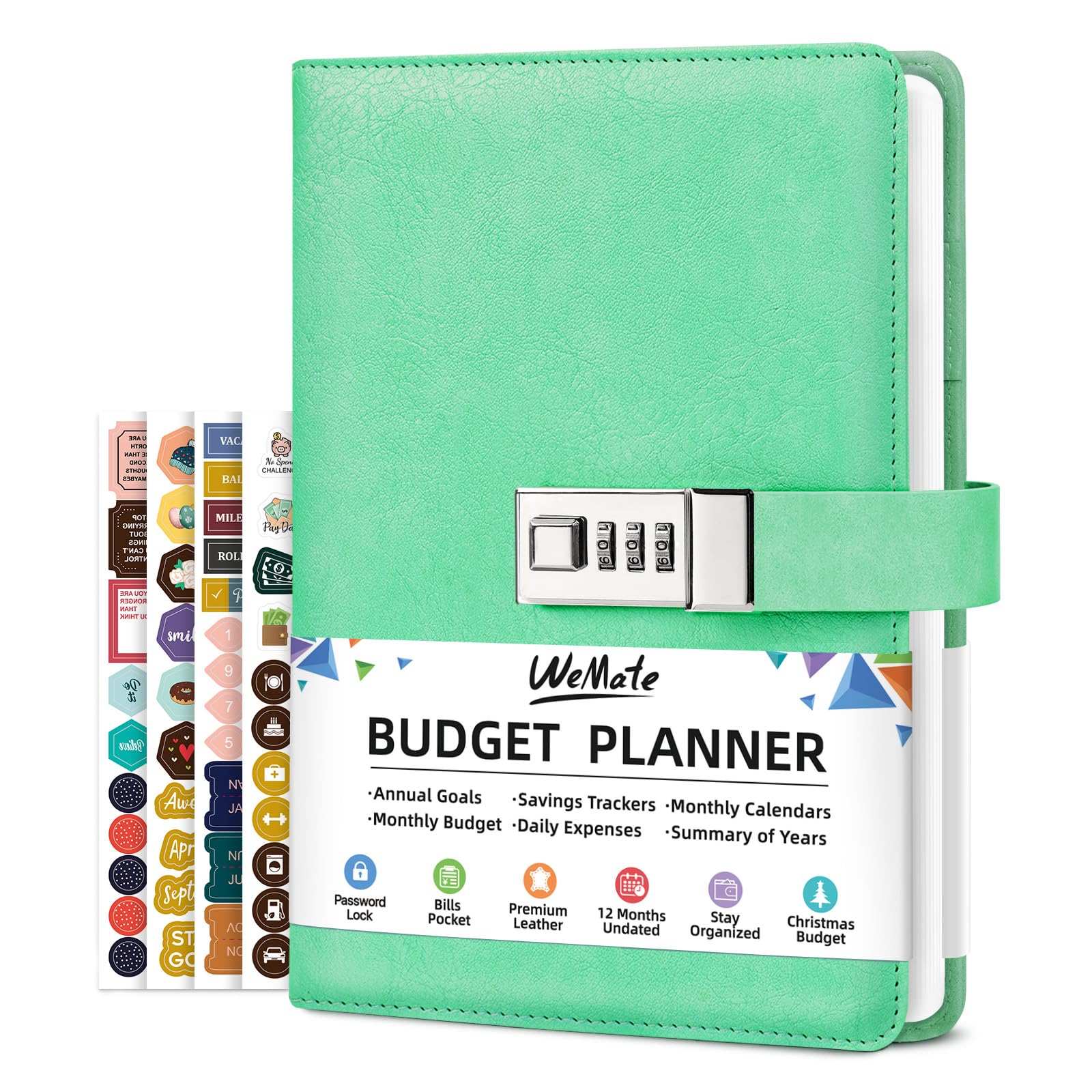 WEMATE 2025 Budget Planner with Lock - Monthly Expense Tracker Notebook, Undated Financial Organizer, A5 Leather Money Management Journal (Green) - Perfect for Personal Finance, Savings Goals & Debt Tracking
