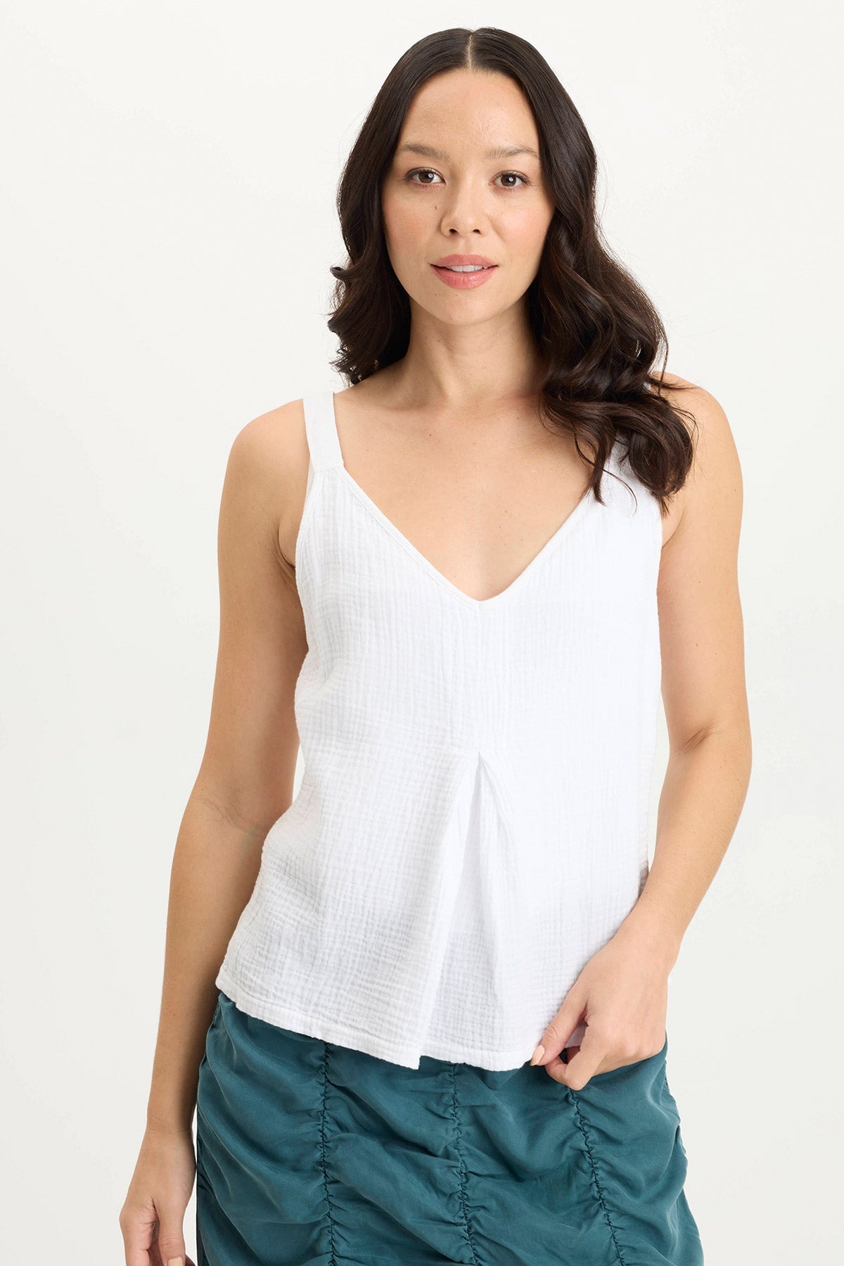 Hedley Gauze & Jersey Box Pleat Tank Top - Women's Breathable Summer Casual T-Shirt for Beach, Yoga & Everyday Wear