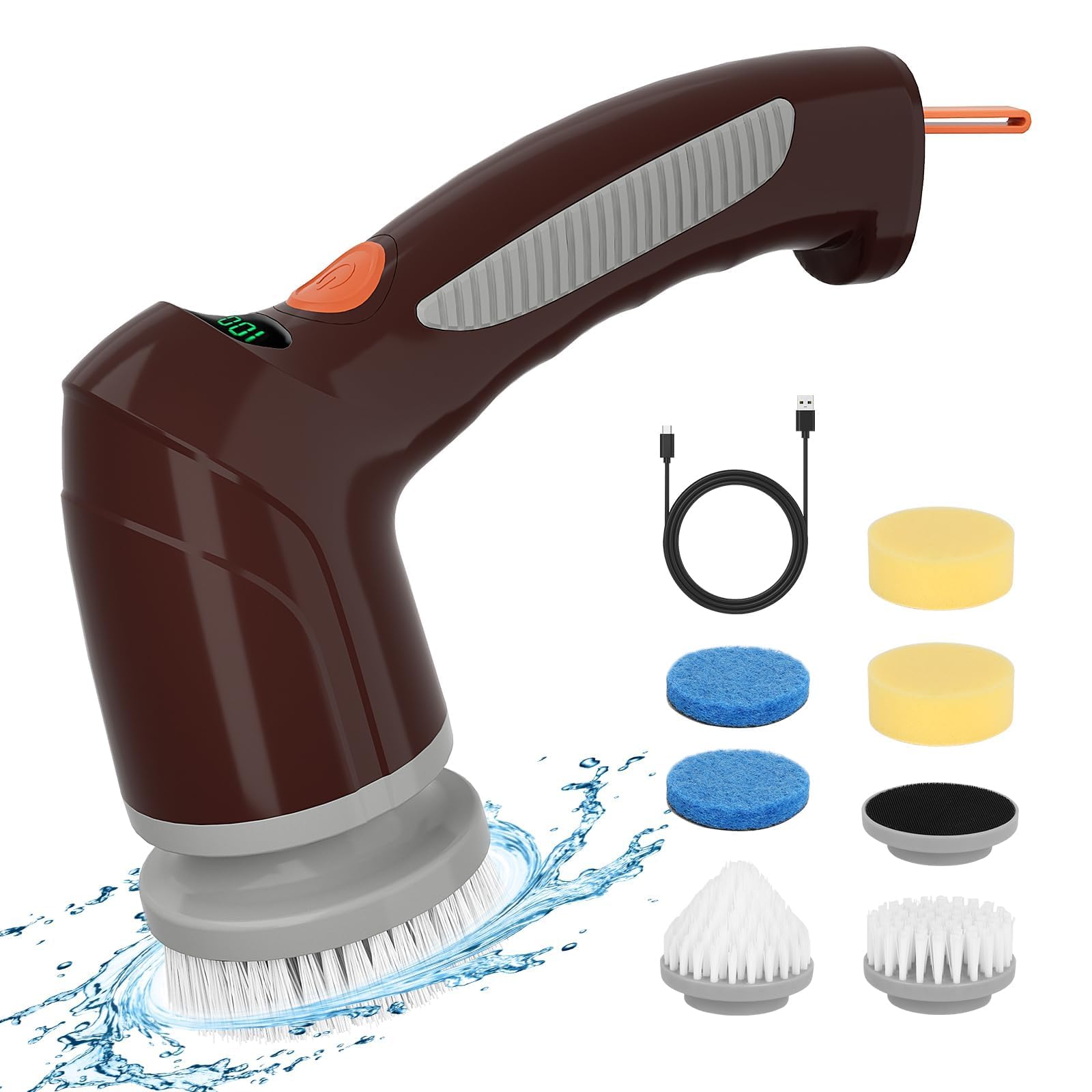 **Sivomens Cordless Electric Spin Scrubber - Handheld Power Shower Cleaner with 6 Replaceable Heads & LED Display - Bathroom, Kitchen, Tile, Stove, Wall Cleaning Brush (Brown) - Perfect for Deep Cleaning Grout, Tubs, and Hard-to-Reach Areas**