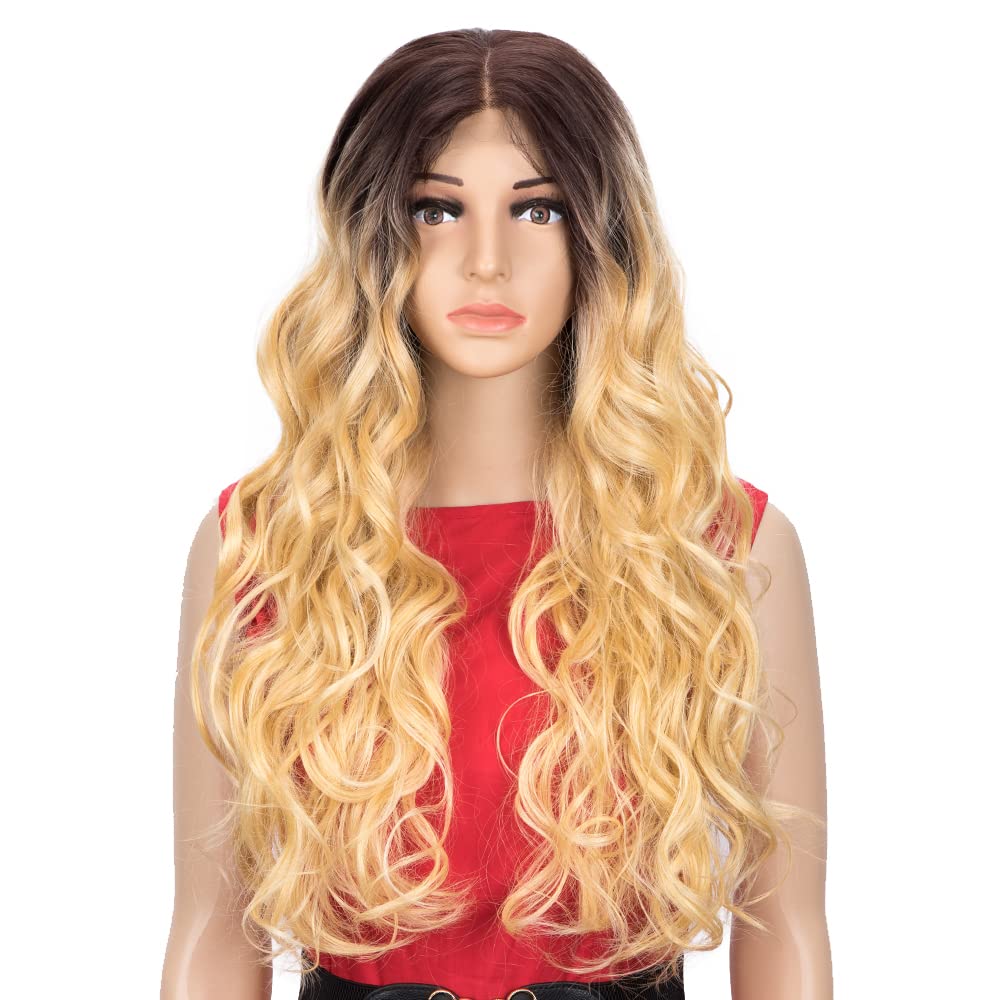 NOBLE Blonde 360 Lace Frontal Wigs for Women - 28 Inch Long Wavy Ombre Synthetic Hair with Free Part & Baby Hair | Glueless Heat Resistant Body Wave Lace Front Wig for Daily Wear & Party (TT6/613D) | Perfect for Cosplay, Weddings & Special Occasions