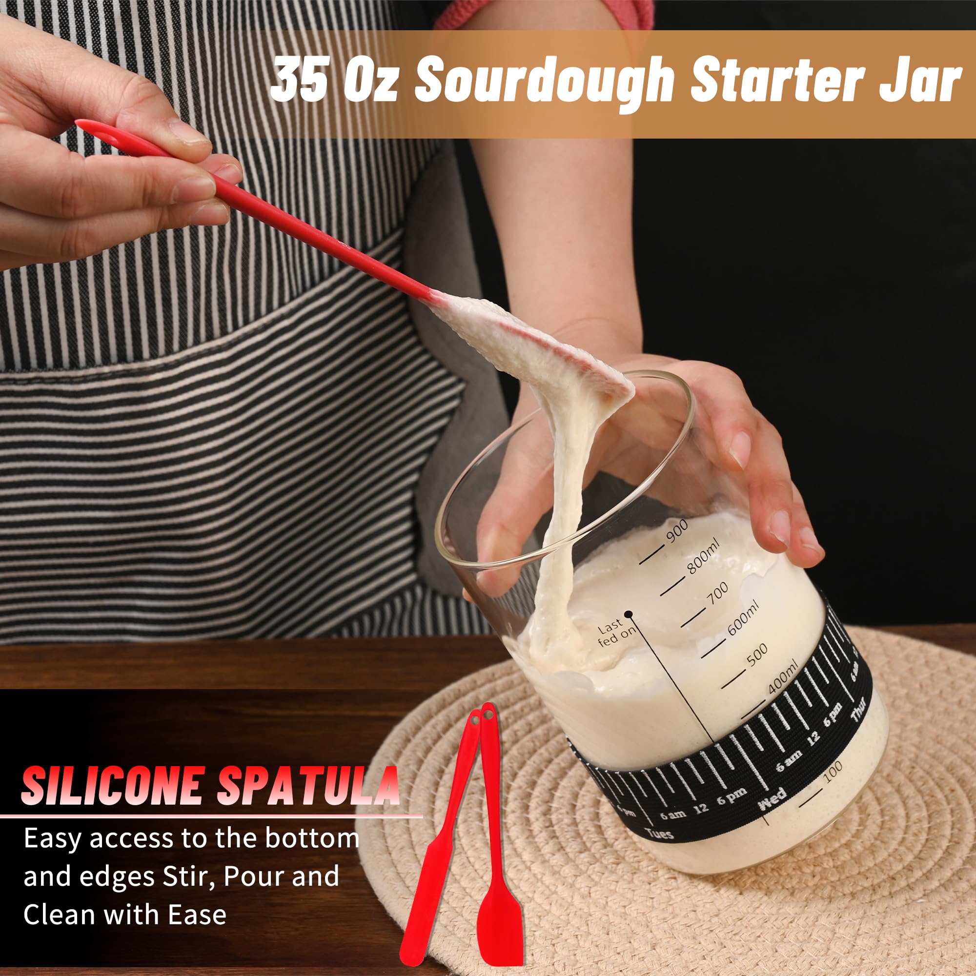 Premium Sourdough Starter Kit - 35oz Glass Jar with Date Marked Feeding Band, Thermometer, Spatula & Cloth Cover - Perfect for Homemade Sourdough Bread Baking - Ideal for Beginners & Bakers - Great Gift for Bread Lovers