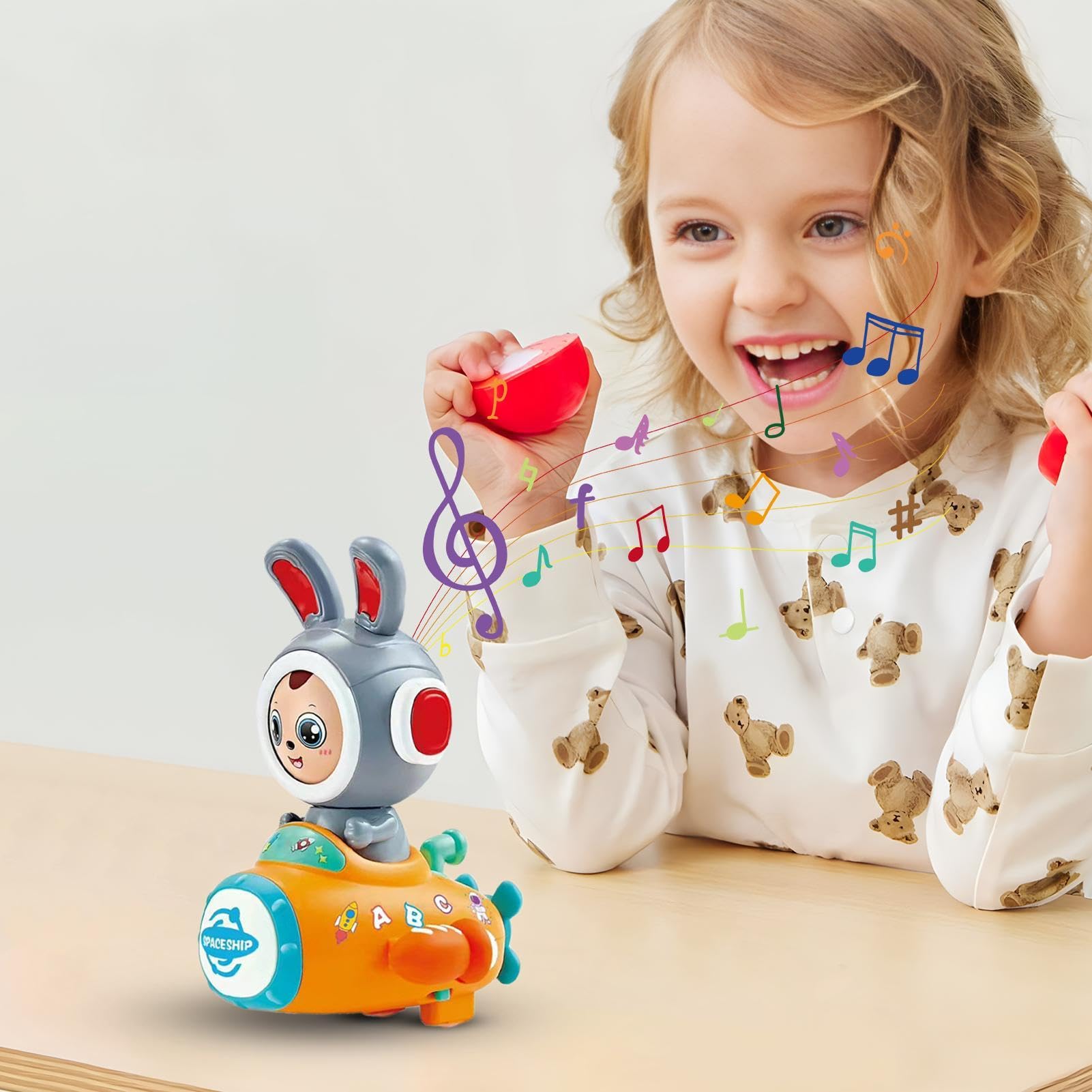 Interactive Electric Bunny Toy with Face Changing & Spaceship - Walking Rabbit Toy with Lights & Music for Kids - Perfect for Playtime, Birthday Gifts & STEM Learning