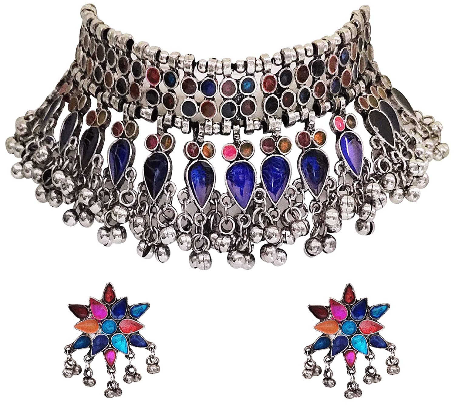 OhMyGosh Oxidized Traditional Choker Necklace with Earrings Set for Women & Girls - German Silver Jewelry | Perfect for Weddings, Parties & Ethnic Fashion