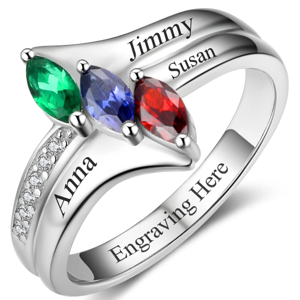 Custom Mother's Day Rings for Mom & Daughter - Personalized Birthstone Jewelry with 3 Stones - Engraved Name Rings for Grandmother, BFF & Friendship Gifts - Perfect for Anniversaries, Birthdays & Special Occasions