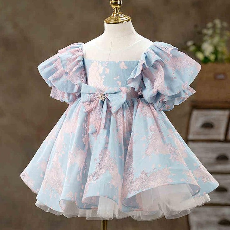 Blue Princess Tea Length Flower Girl Dress with Puff Sleeves - Elegant Floral Party Dress for Weddings, Baptisms & Special Occasions