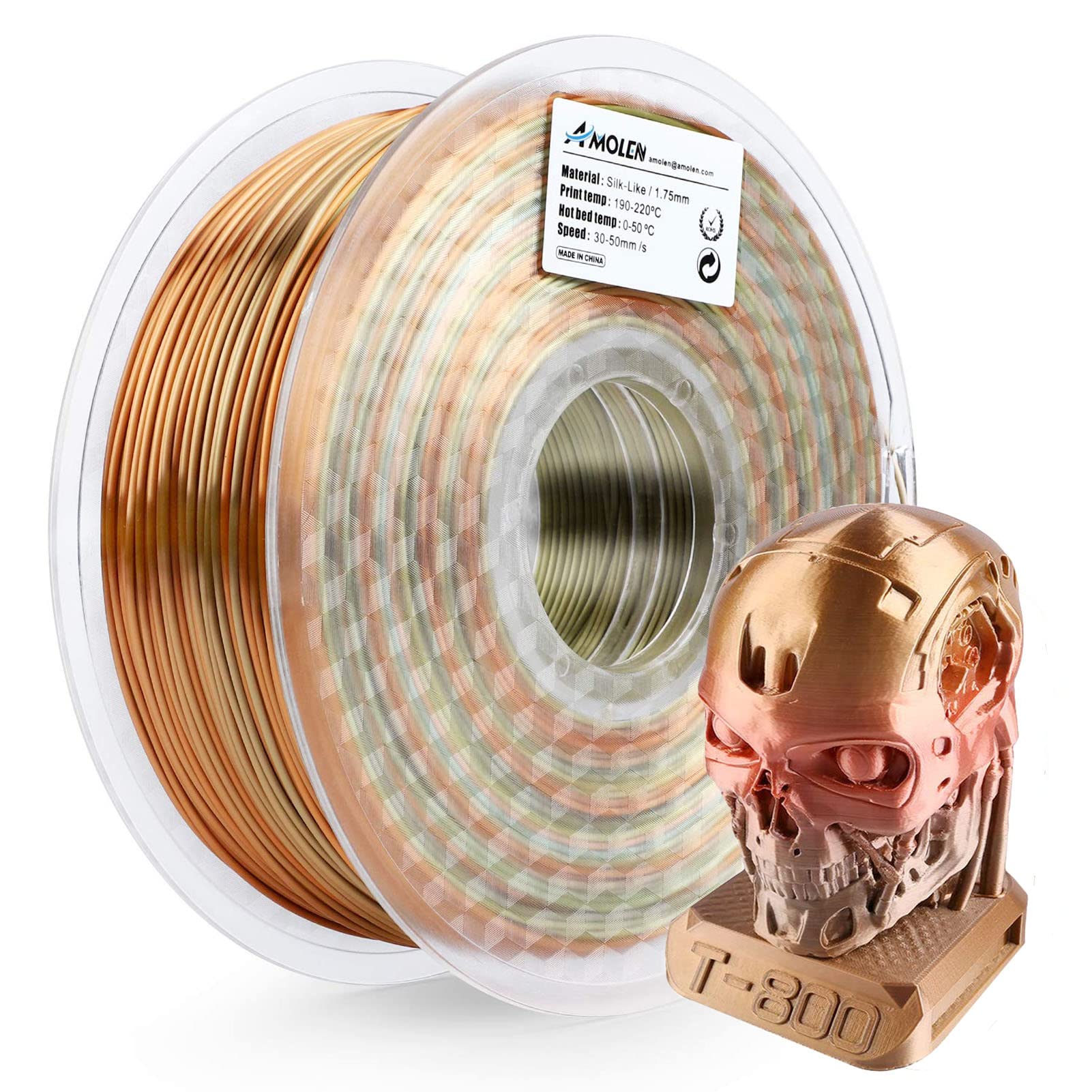 AMOLEN 1.75mm Silk PLA 3D Printer Filament - 1kg Spool with 20% Real Metal, Rainbow Multicolor for Smooth 3D Printing | Perfect for Cosplay Props, Home Decor & DIY Craft Projects