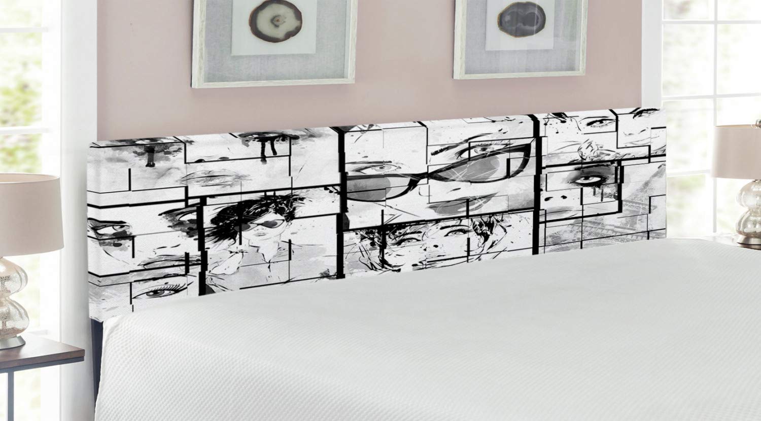 Ambesonne Eiffel Tower Headboard - Parisian Romance Upholstered Bed Headboard with Memory Foam, King Size in Black, White & Grey | Perfect for Bedroom Decor & French-Themed Interior Design