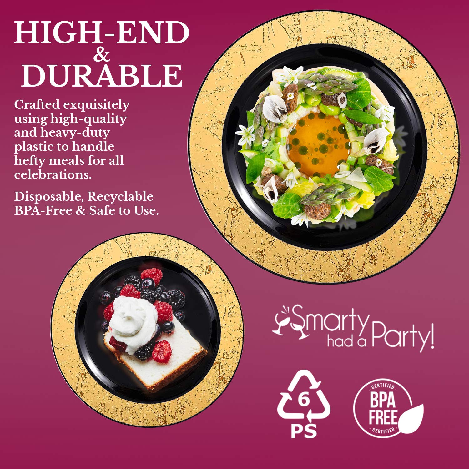 Smarty Had A Party 10.25 Inch Black & Gold Wedding Dinner Plates - 60-Piece Set for Wedding Receptions, Bridal Showers & Formal Events